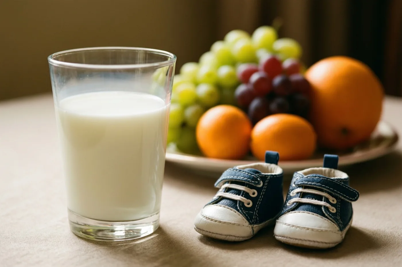 Een glas melk en een bord fruit staan op een warm verlichte tafel naast een paar kleine babyschoentjes, met een onscherpe achtergrond.