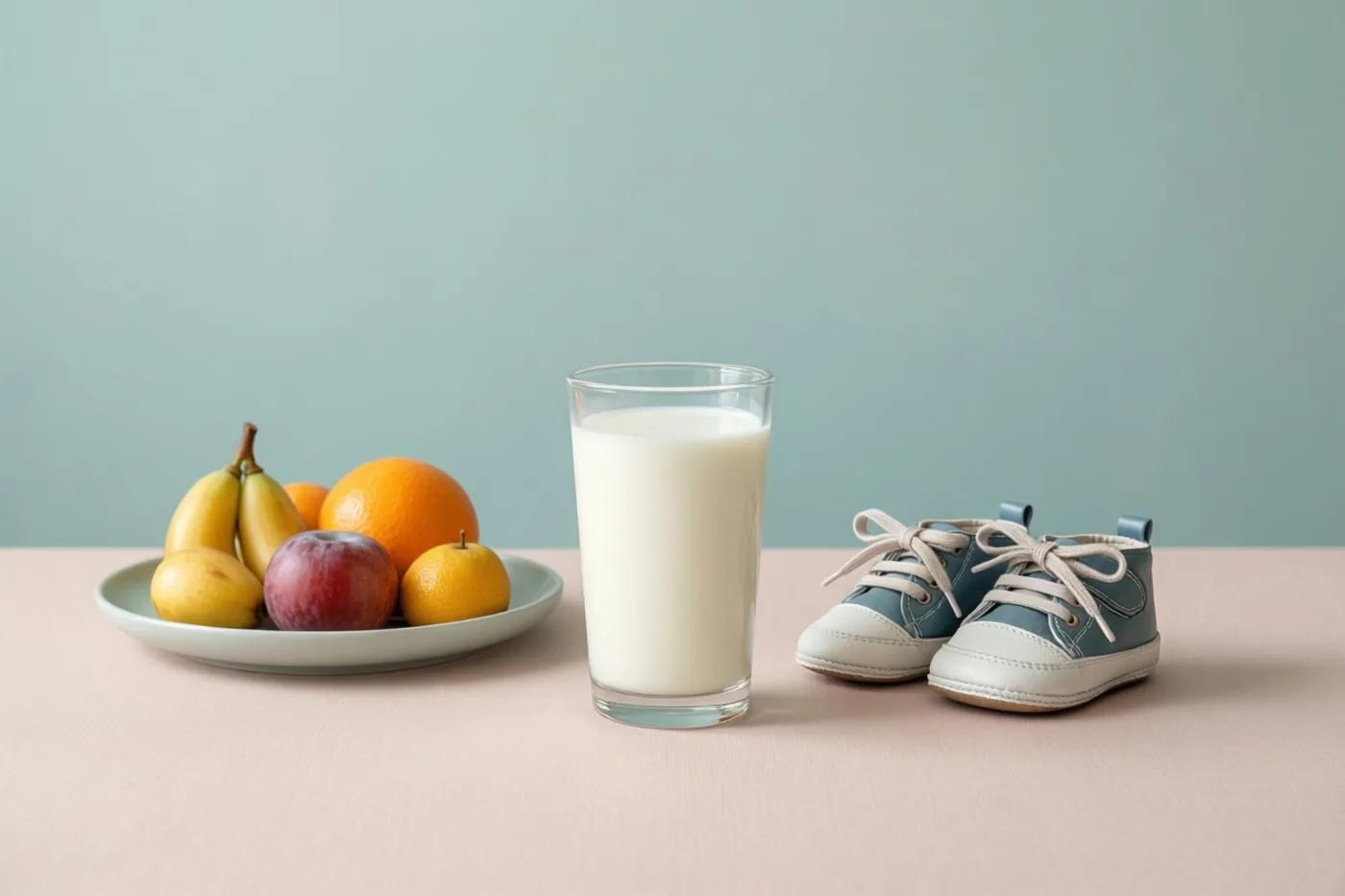 Een glas melk, een bord met verschillende soorten fruit en een paar kleine babyschoentjes staan op een roze oppervlak tegen een gedempte blauwgroene achtergrond.