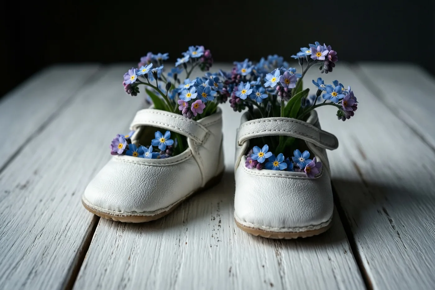 Kleine witte babyschoentjes gevuld met blauwe en paarse vergeet-mij-nietjes staan op een witte houten tafel tegen een donkere achtergrond.