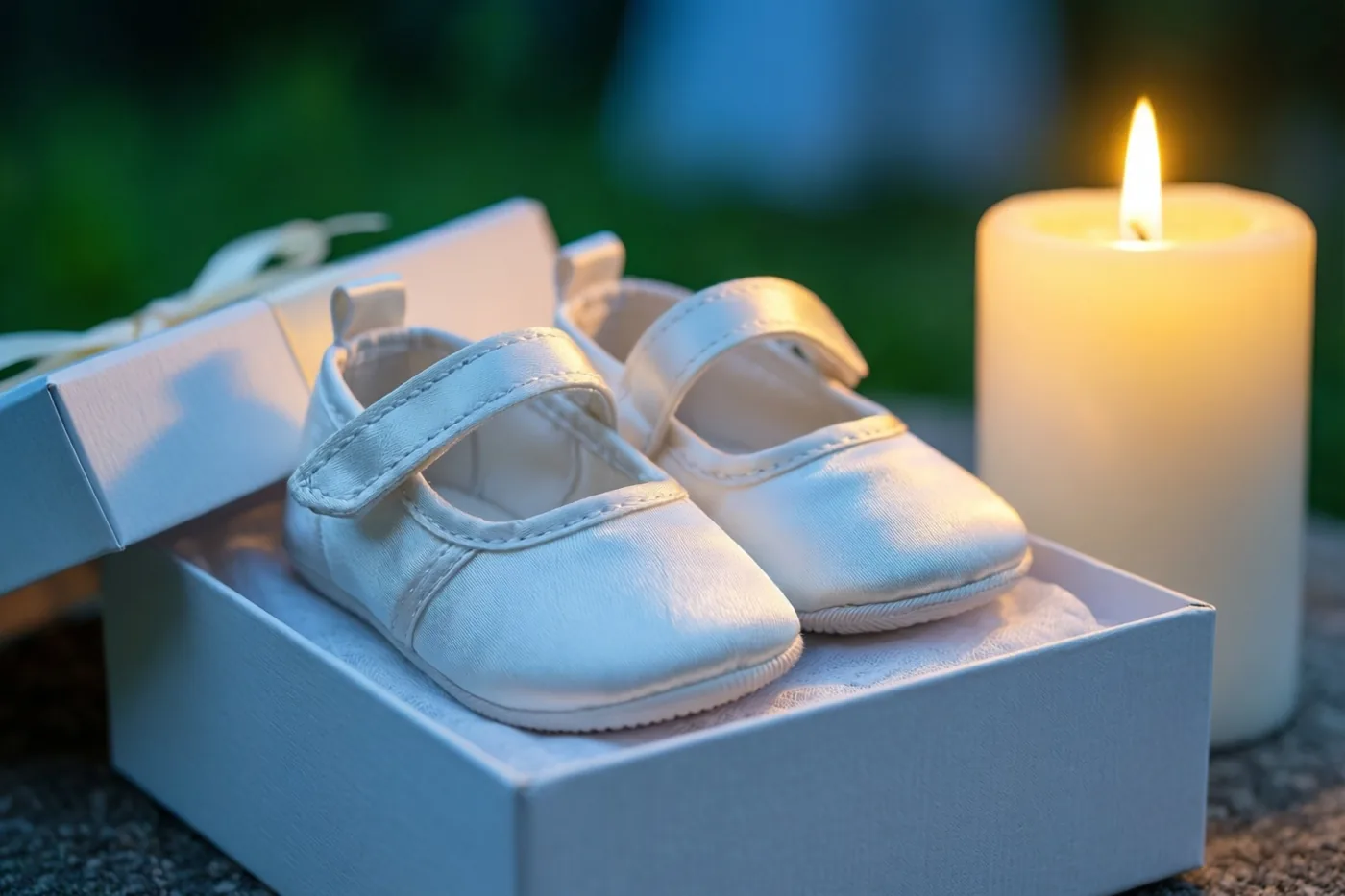 Witte zijden babyschoentjes liggen in een open witte geschenkdoos naast een brandende witte doopkaars, buiten tegen een onscherpe groene achtergrond.