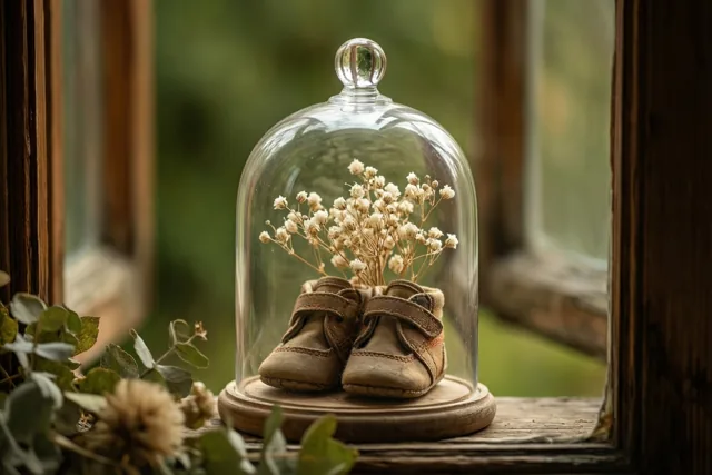 Onder een glazen stolp staan kleine babyschoentjes en gedroogde witte bloemen op een houten vensterbank in natuurlijk licht.