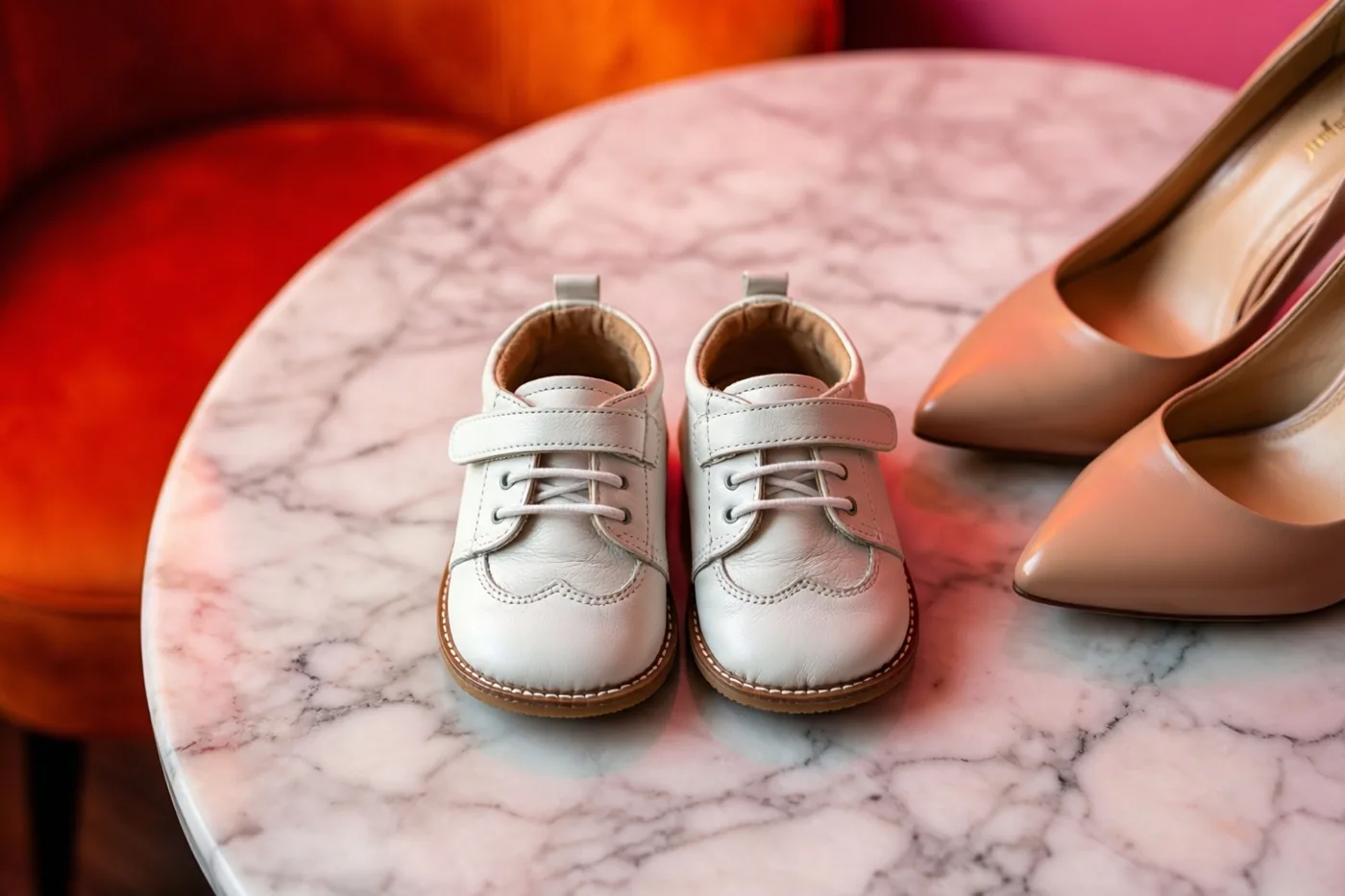 Witte leren babyschoentjes staan naast huidkleurige schoenen met hoge hakken op een roze-witte marmeren tafel tegen een achtergrond in warme oranje en roze tinten.
