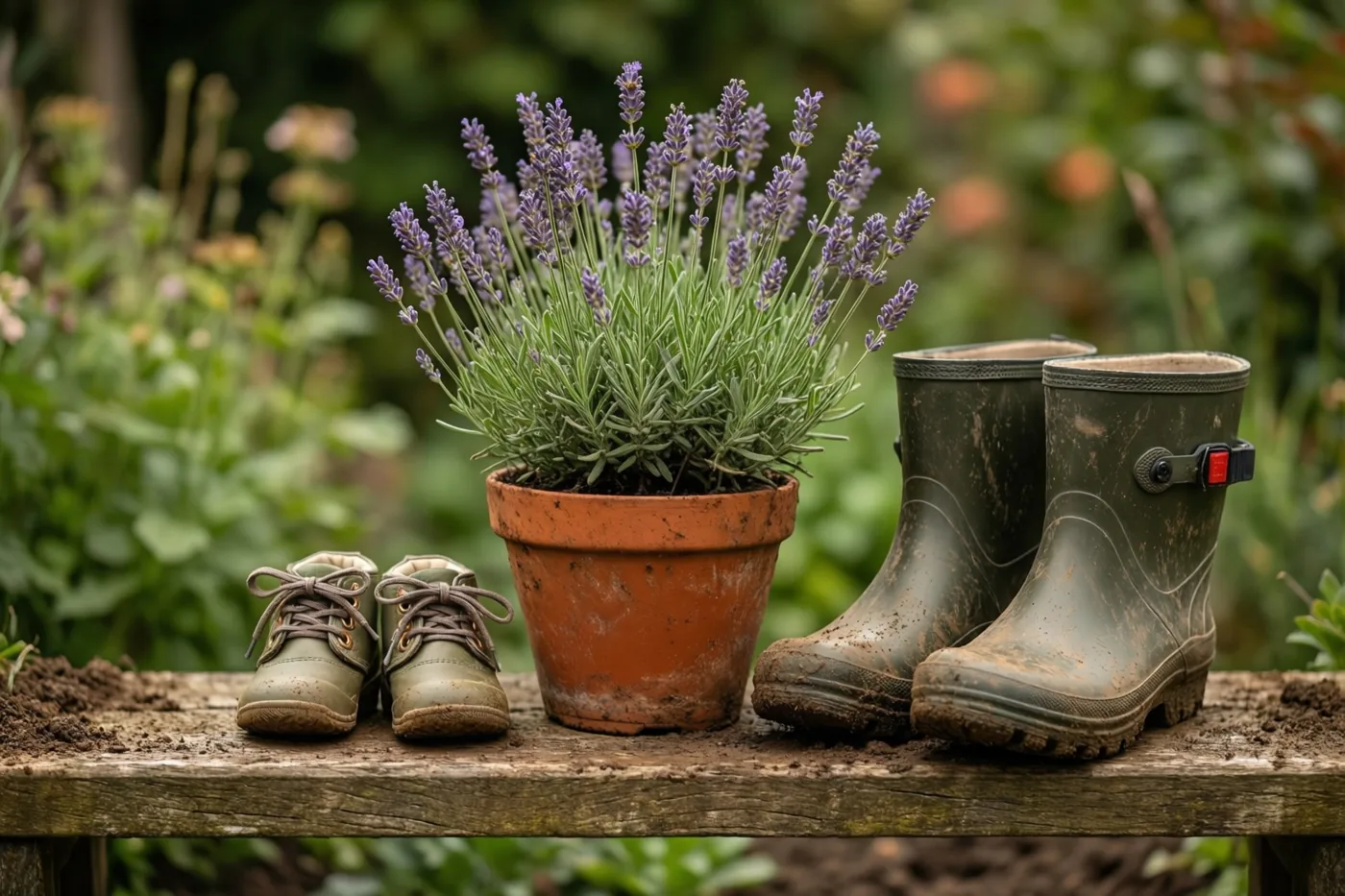 Op een houten tuinbank staan een pot lavendel, kleine babyschoentjes en grote modderige tuinklompen, met onscherp groen op de achtergrond.