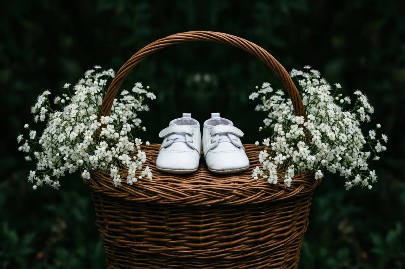 Witte babyschoentjes staan midden in een rieten mand vol witte bloemen tegen een wazige donkergroene achtergrond.