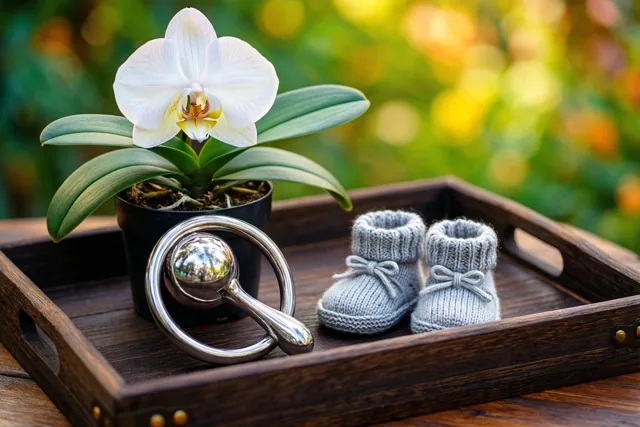 Een zilveren rammelaar en grijze gebreide babyslofjes liggen buiten op een donker houten dienblad naast een witte orchidee in een pot, met wazig groen en geel op de achtergrond.