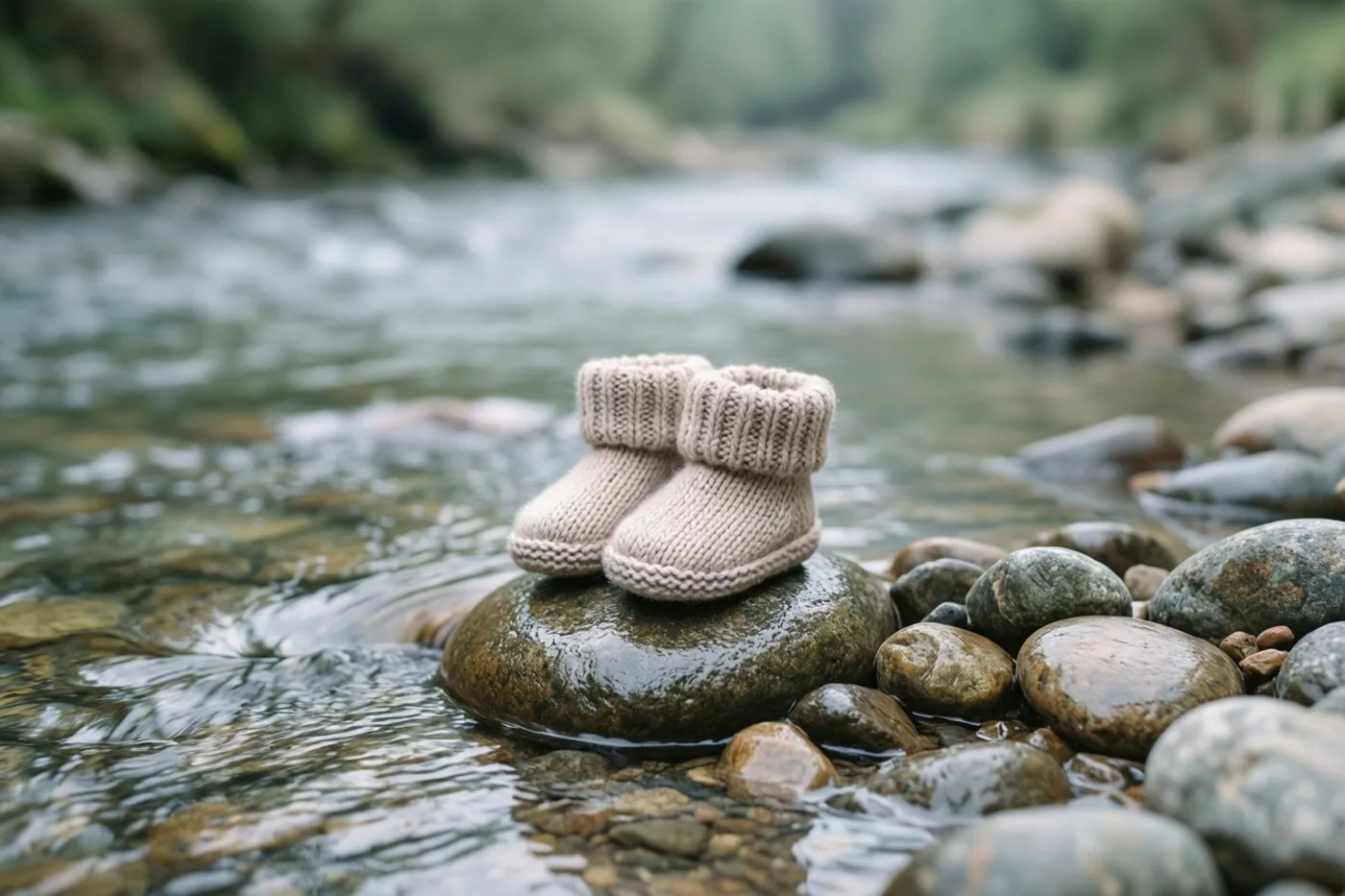 Een paar kleine gebreide babyslofjes ligt op een gladde natte kei in een heldere stromende beek in een bosrijke omgeving met zachte aardetinten.