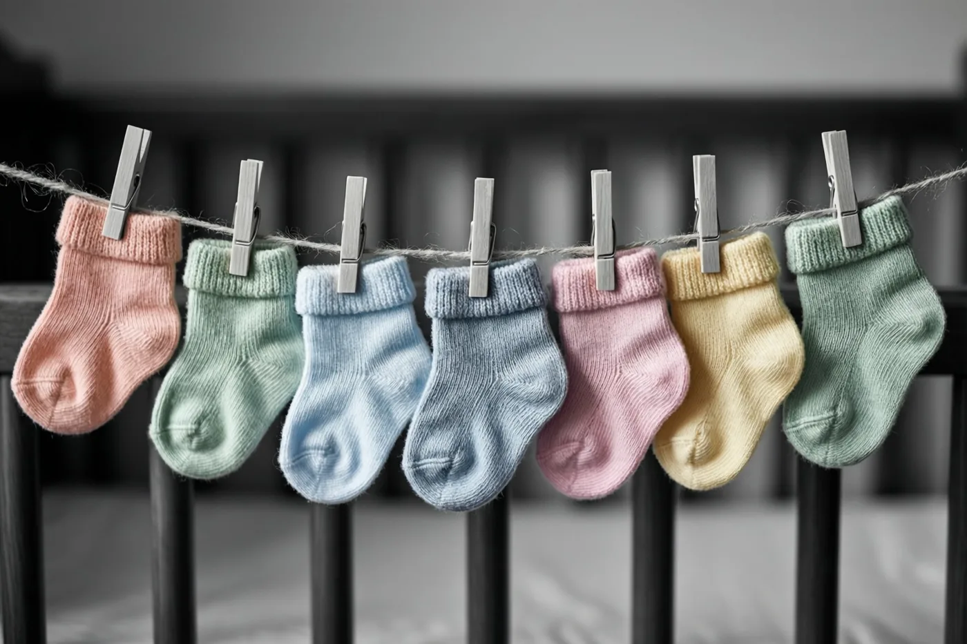 Babysokjes in pasteltinten hangen met knijpers aan een koord boven een donker houten babybedje, met een zacht vervaagde achtergrond.