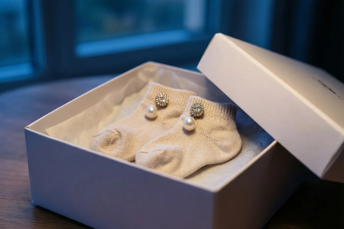 Kleine witte babysokjes en pareloorbellen liggen in een open witte geschenkdoos met zijdepapier tegen een wazige blauwe achtergrond.