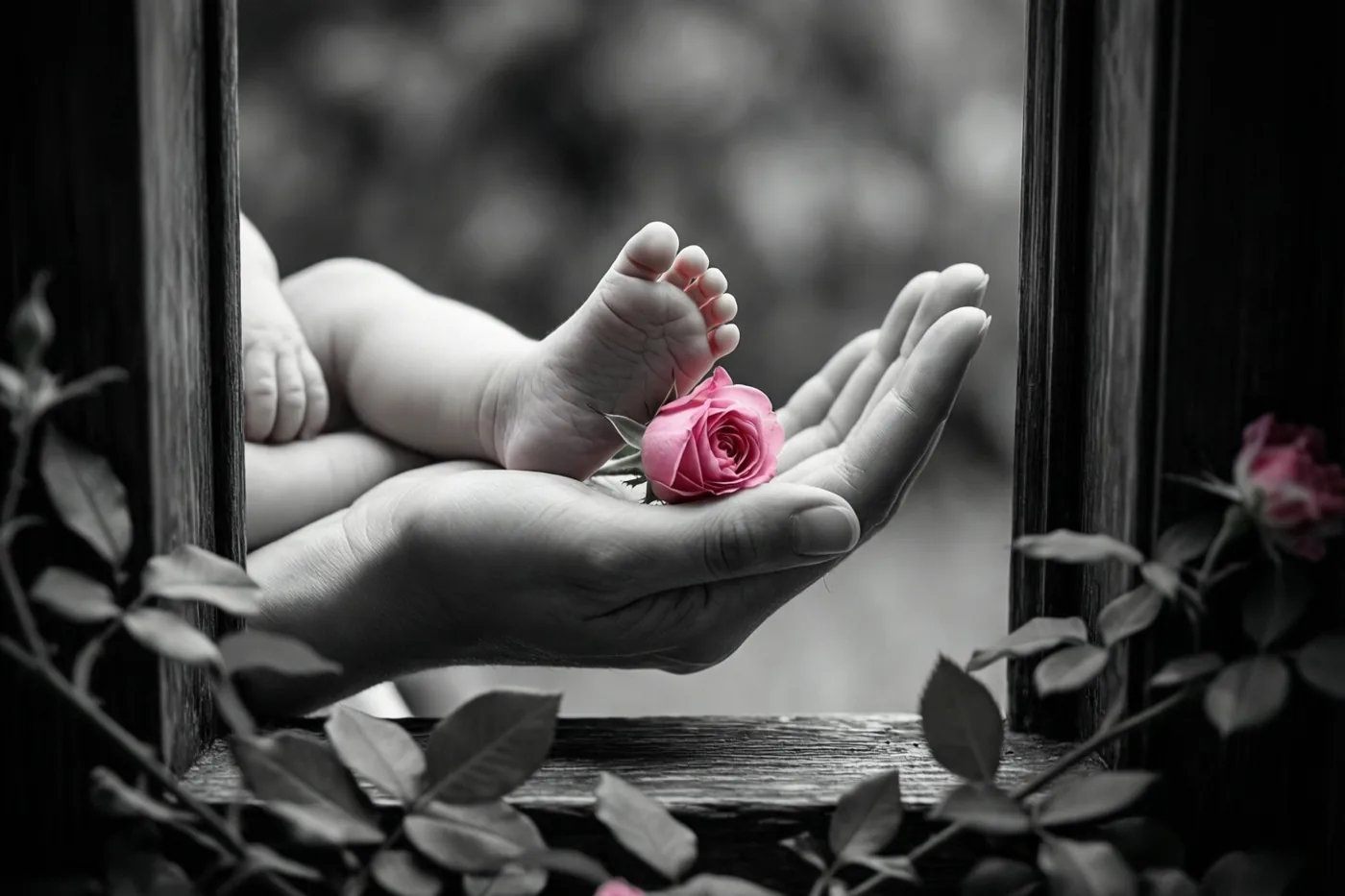 Een babyvoetje rust in een open handpalm naast een roze rozenknop, omlijst door donkere houten raamspijlen en onscherpe bladeren, met alleen de roos in kleur.