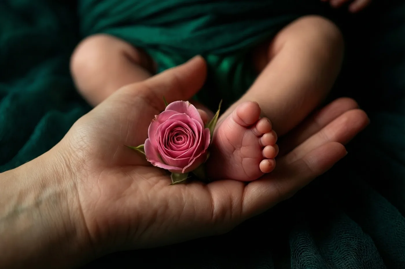 Een moederhand draagt een klein babyvoetje en een roze rozenknop tegen een achtergrond van donkergroene stof.