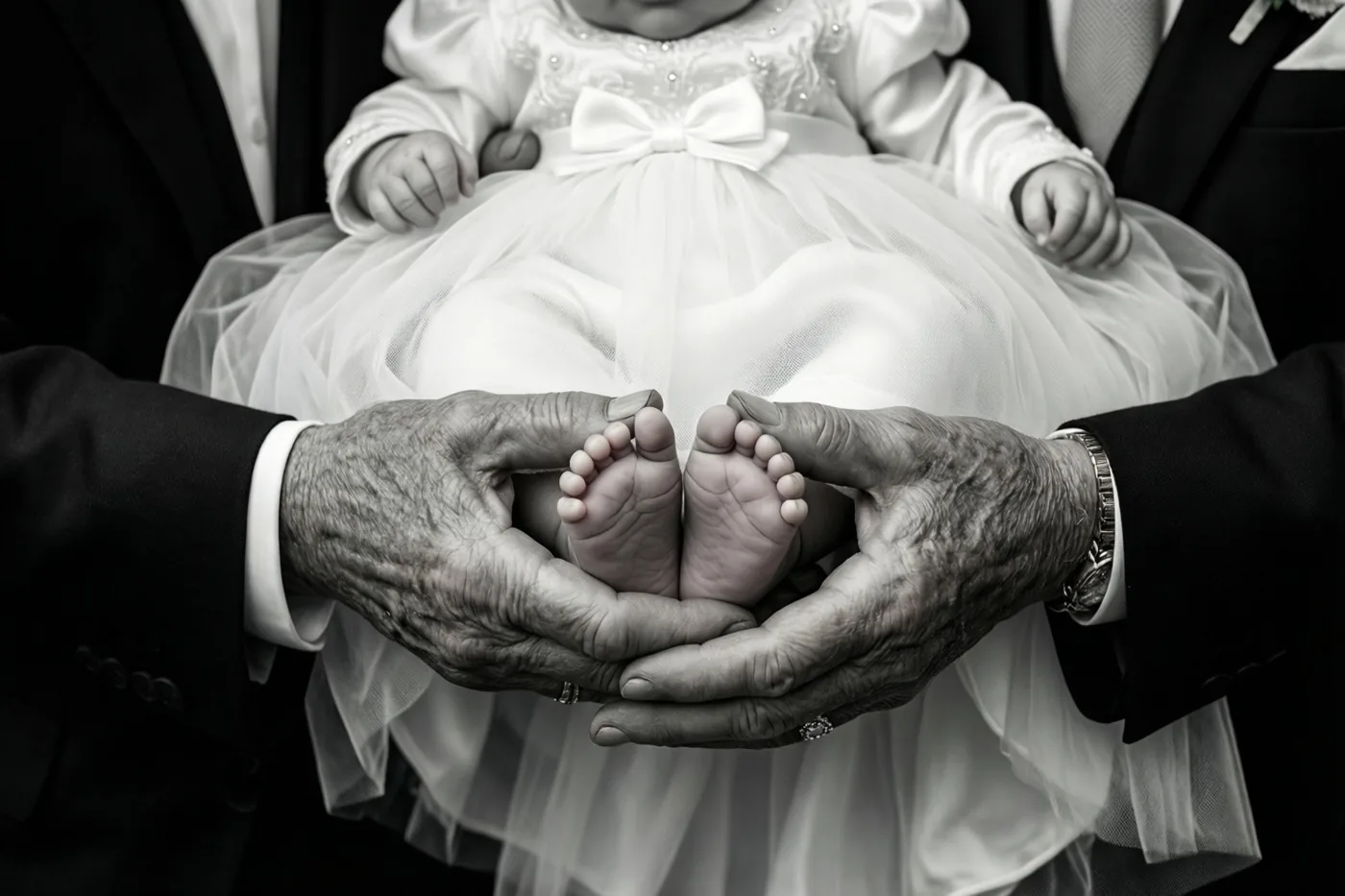 Een zwart-witfoto toont gerimpelde volwassen handen rond de voetjes van een baby in een wit doopkleed met een strik, tegen donkere feestkleding.
