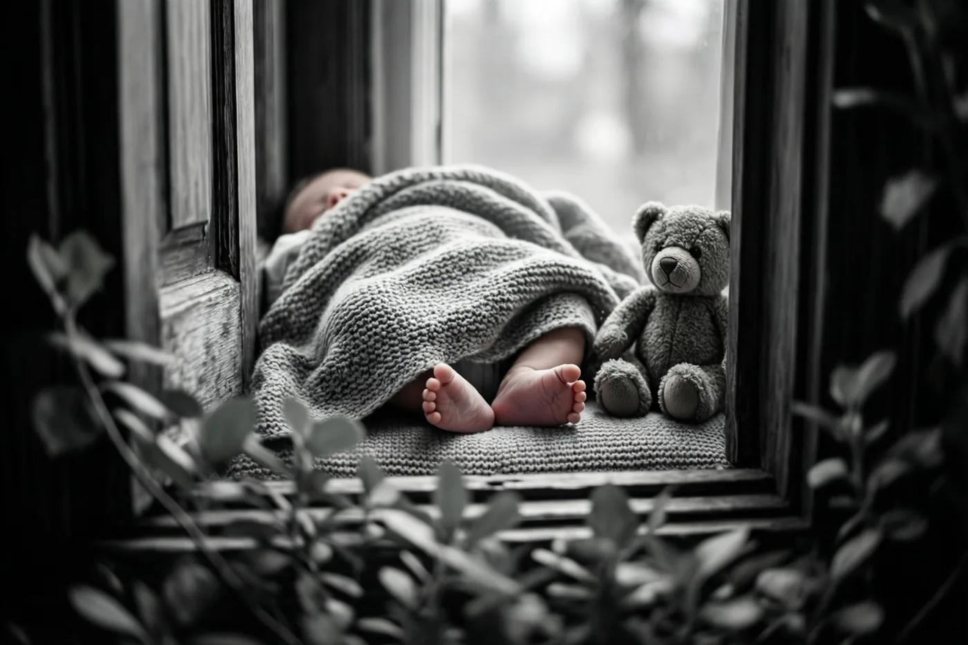 Een ingebakerde pasgeboren baby ligt op een vensterbank met alleen de voetjes zichtbaar onder een gebreide deken, naast een teddybeer en omgeven door donkere houten raamkozijnen en onscherp gebladerte in monochrome tinten.
