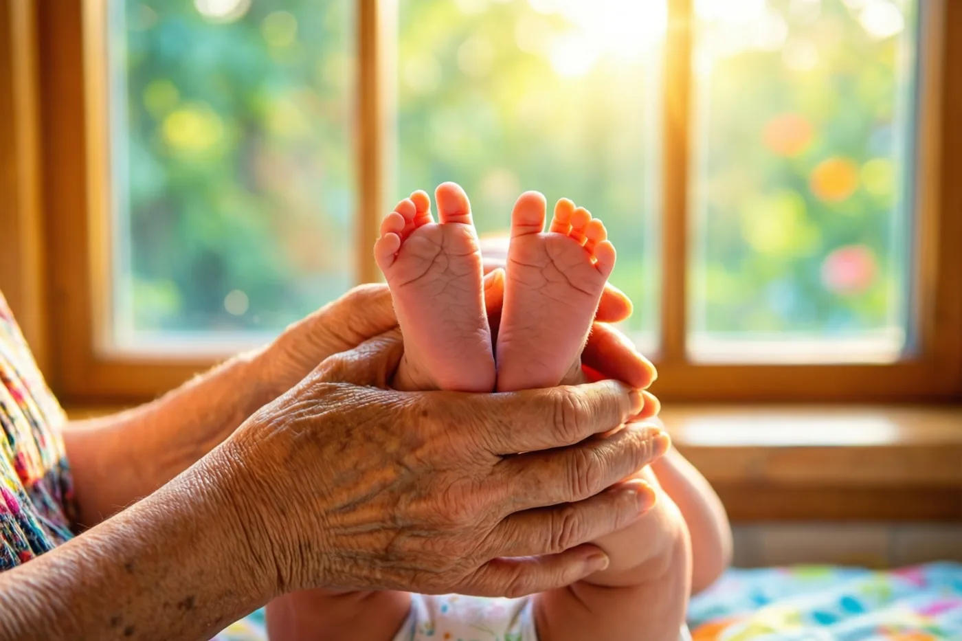 Gerimpelde handen van een oudere persoon houden kleine babyvoetjes zachtjes vast in warm zonlicht door een raam, met onscherp groen buiten op de achtergrond.
