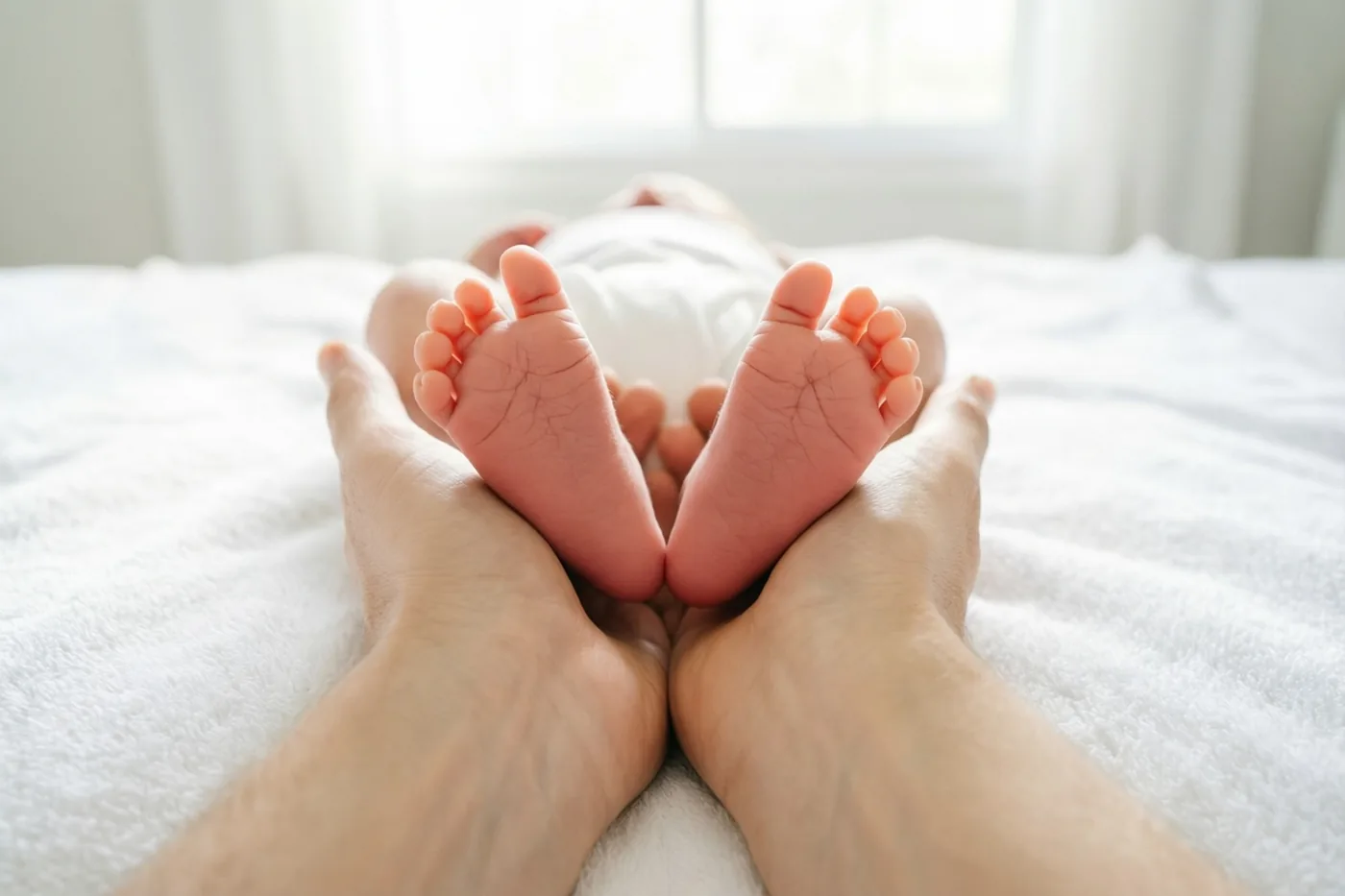 Een ouder houdt de voetjes van een pasgeboren baby in de handen op een witte deken met structuur, met zacht licht van een raam op de achtergrond.