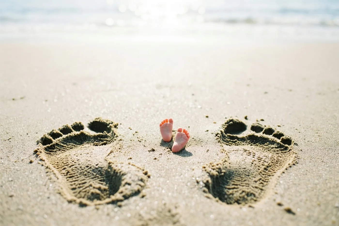 Twee kleine babyvoetjes staan in nat zand tussen twee grotere voetafdrukken van volwassenen, met de zee op de achtergrond in zacht, warm zonlicht.