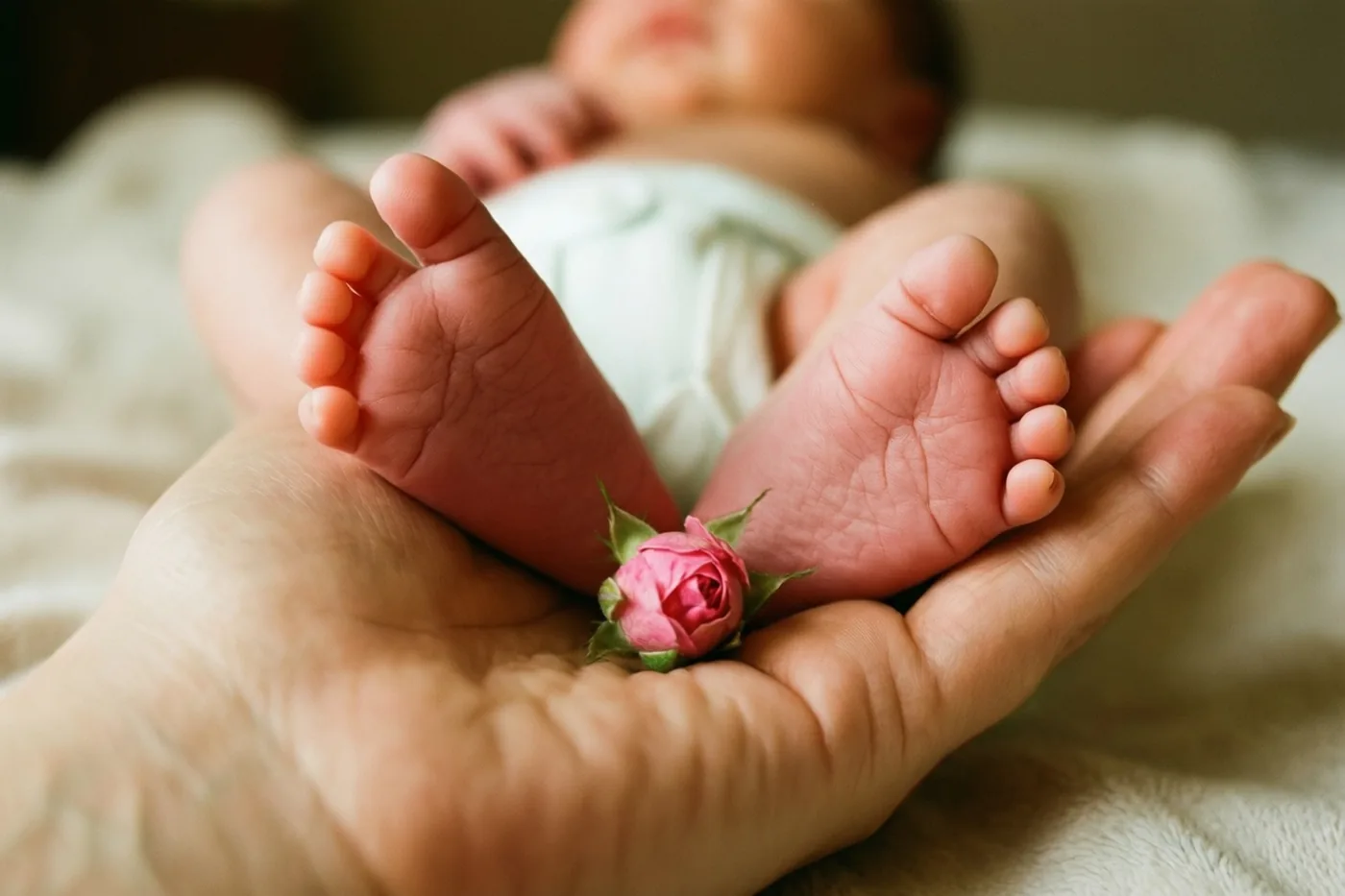 Twee kleine babyvoetjes rusten in de open handpalm van een volwassene, met een roze rozenknop ertussen in zacht, warm licht.