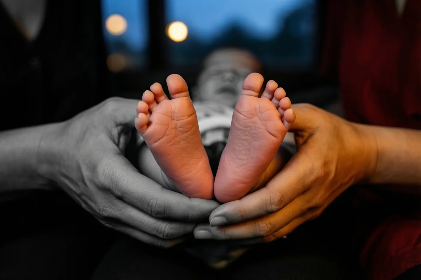 Twee volwassen handen houden babyvoetjes vast in warme kleuren, met het babygezichtje onscherp op een zwart-witte achtergrond.