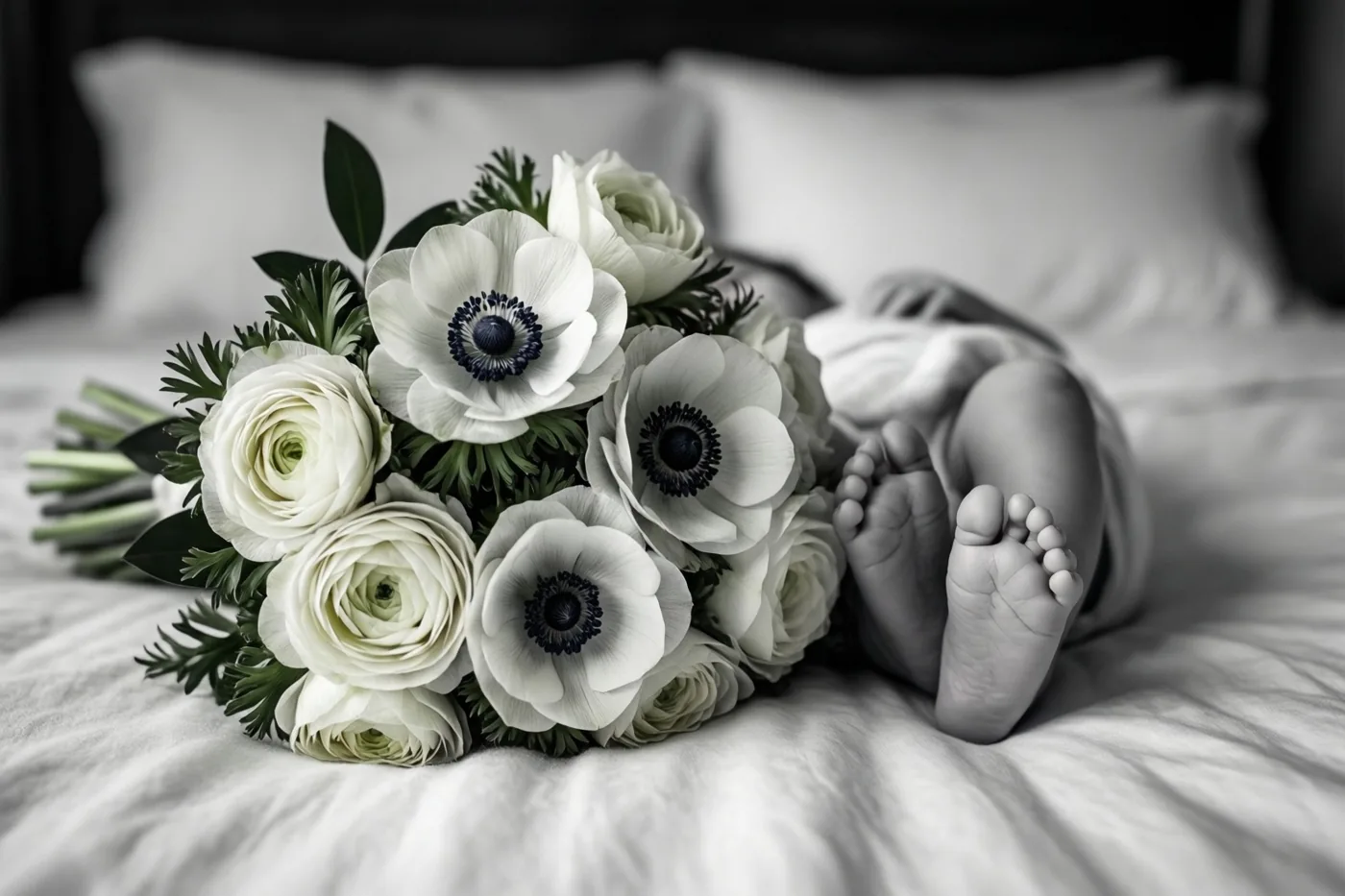 Witte anemonen en ranonkels liggen op een wit bed naast de kleine voetjes van een ingebakerde baby, in een zwart-witbeeld waarin alleen de bloemharten kleur hebben.