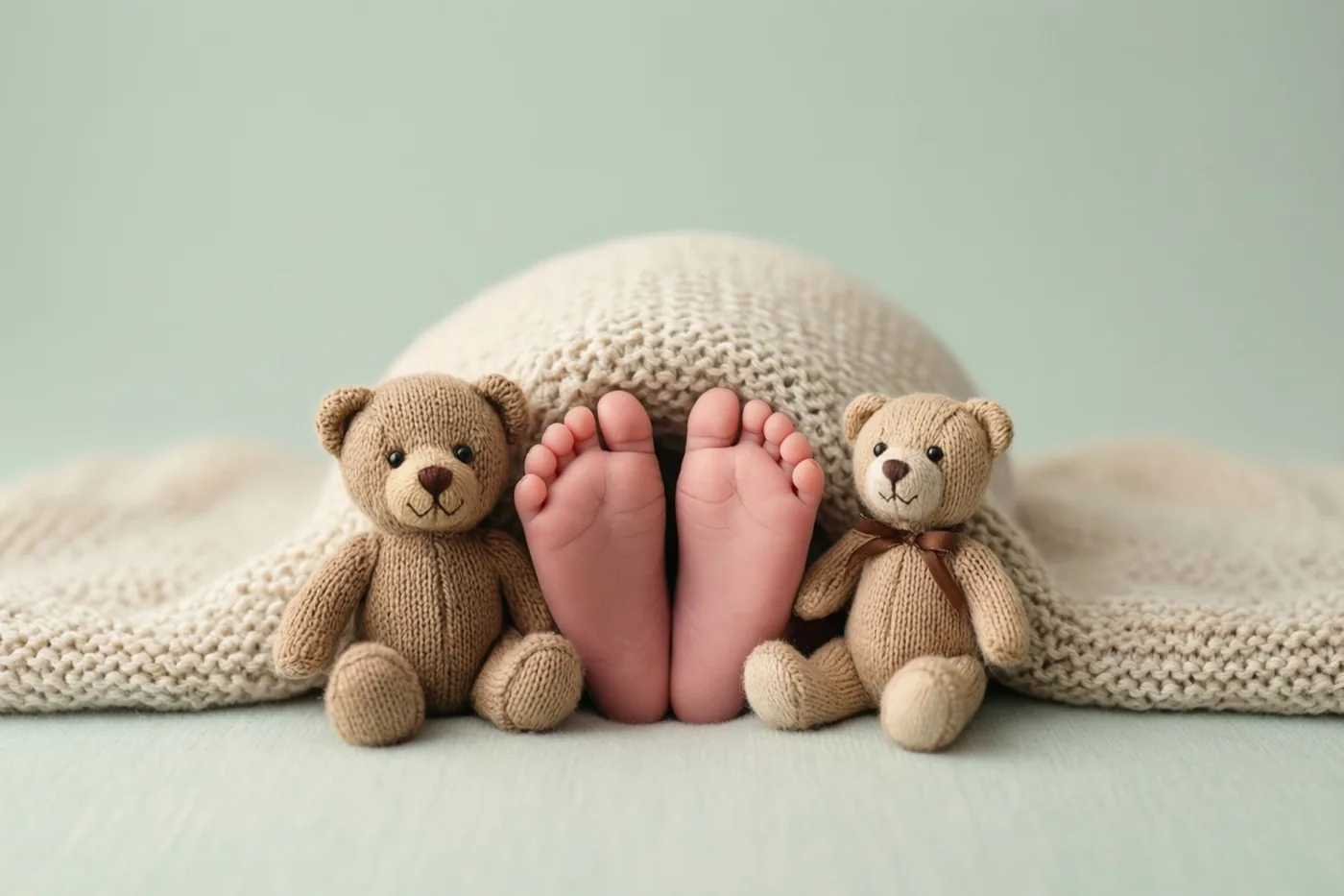 Babyvoetjes steken onder een zachte gebreide deken uit, tussen twee gebreide beertjes tegen een bleke mintgroene achtergrond.