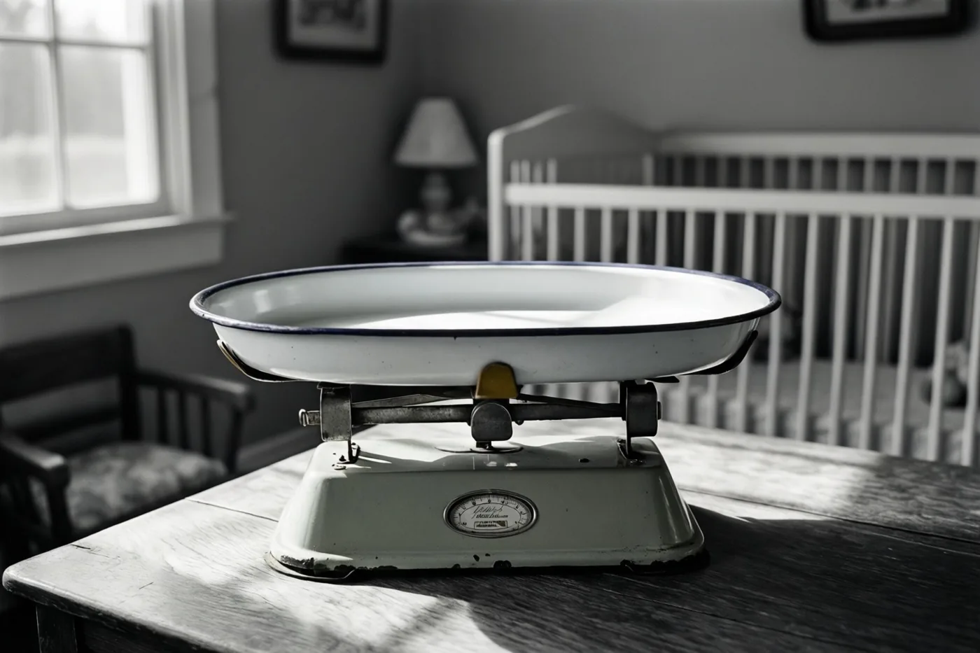 Een babyweegschaal uit de jaren vijftig met een emaille schaal staat op een houten tafel in een zonnige babykamer, weergegeven in zwart-wit.
