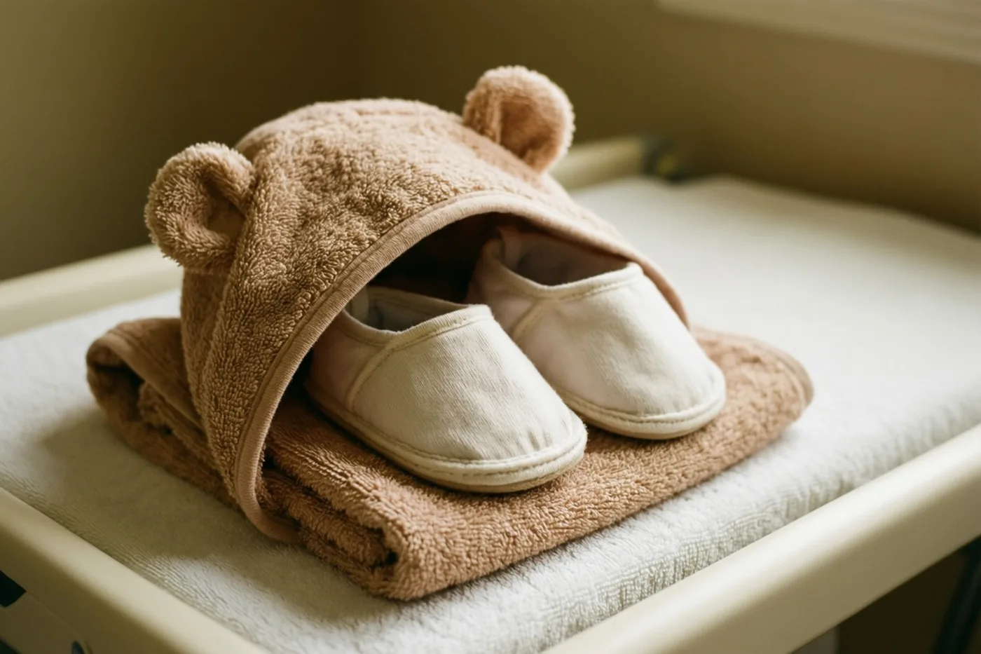 Een opgevouwen babybadcape met berenoortjes ligt met kleine witte slofjes erin op een verzorgingstafel, in zachte beige en crèmekleurige tinten.