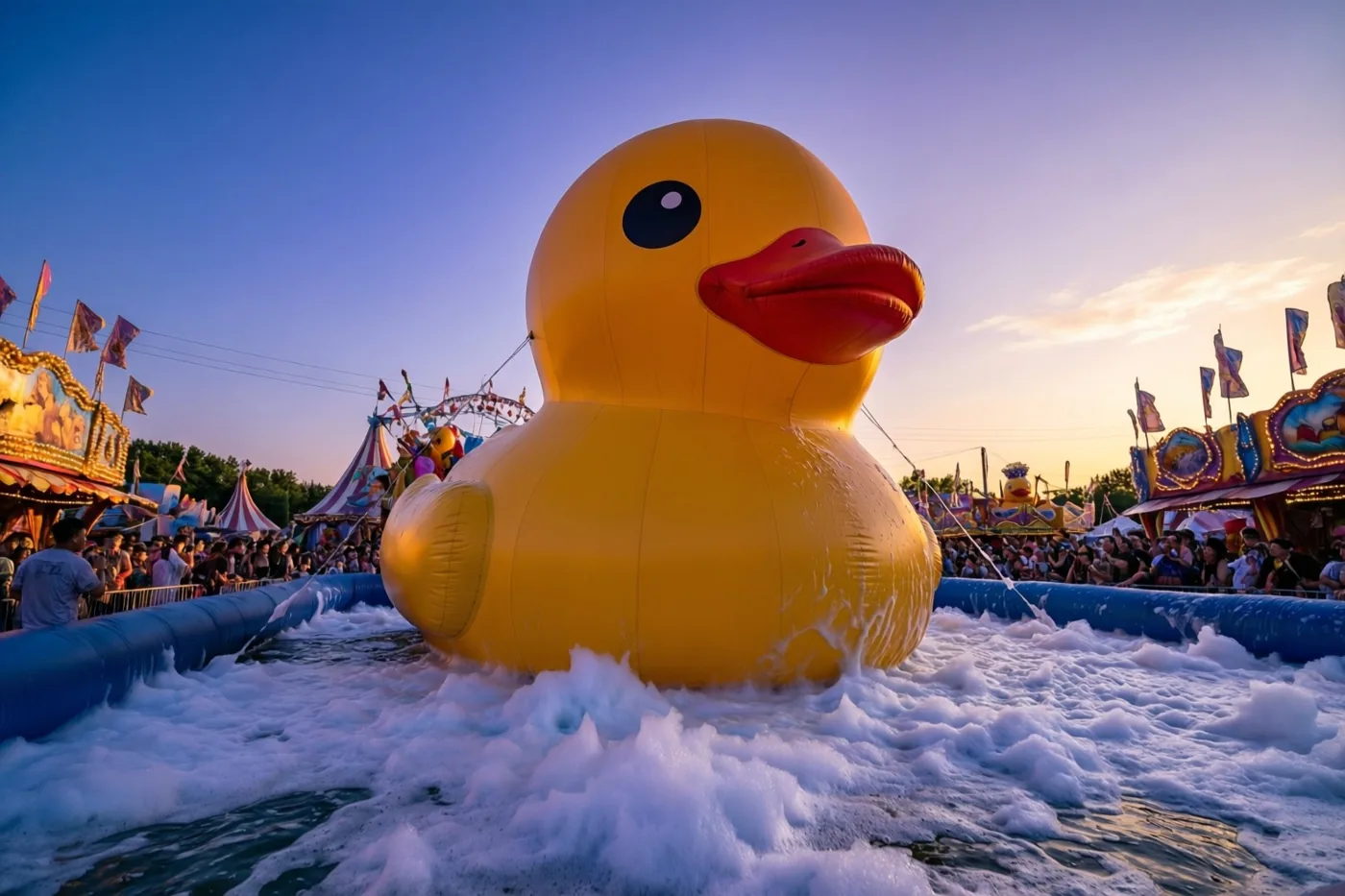 Een reusachtige gele opblaasbare badeend drijft in wit schuim tijdens carnaval, met een menigte op de achtergrond onder een schemerhemel in blauwe en paarse tinten.