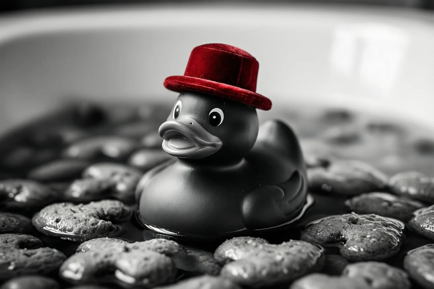 Een badeend met een rode fluwelen mijter drijft in een bad vol pepernoten, op een zwart-witfoto waarop alleen de mijter rood is.