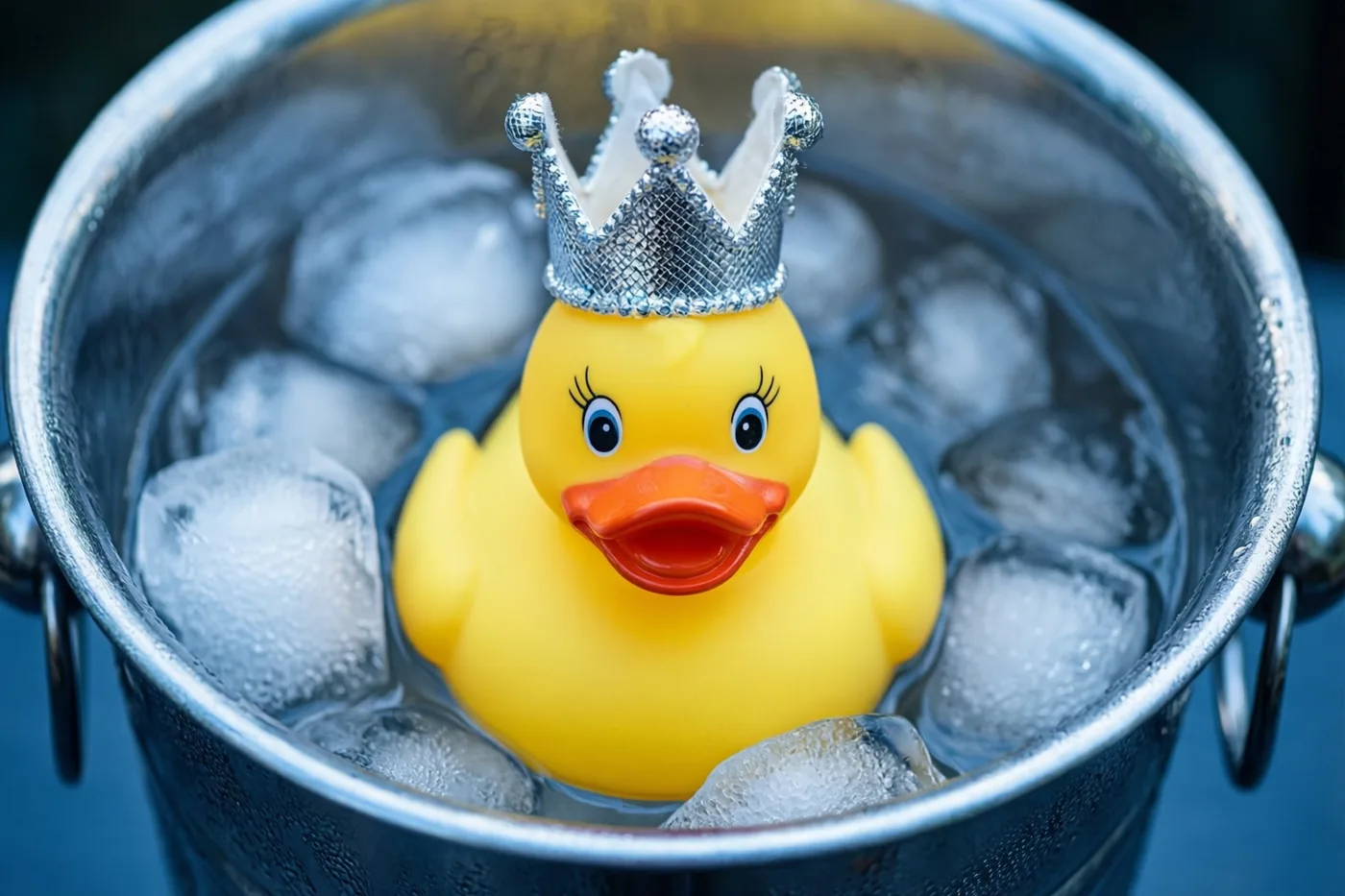 Een gele badeend met een zilveren kroon drijft in een metalen emmer met ijs en water, in een helder beeld met gele, zilveren en blauwe tinten.