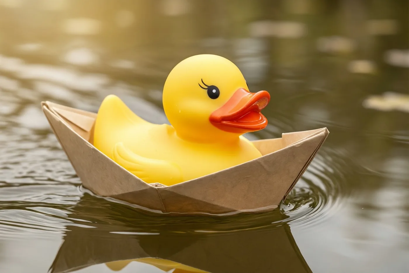 Een geel badeendje zit in een bruin papieren bootje op rustig water met zachte gouden lichtweerkaatsingen.