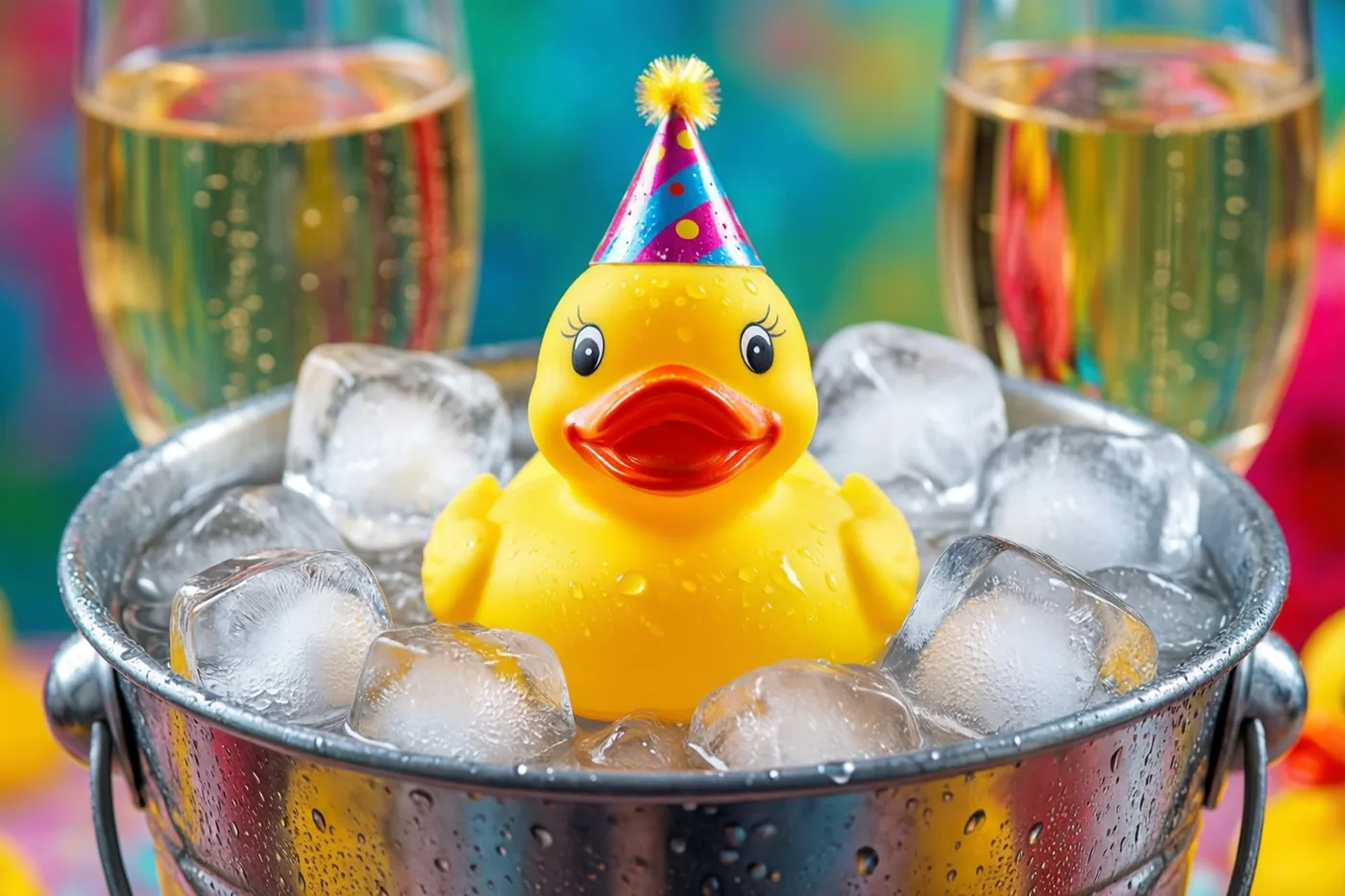 Een geel badeendje met een kleurrijk feesthoedje drijft in een metalen emmer vol ijsblokjes, met twee champagneglazen eromheen en een kleurrijke onscherpe achtergrond.
