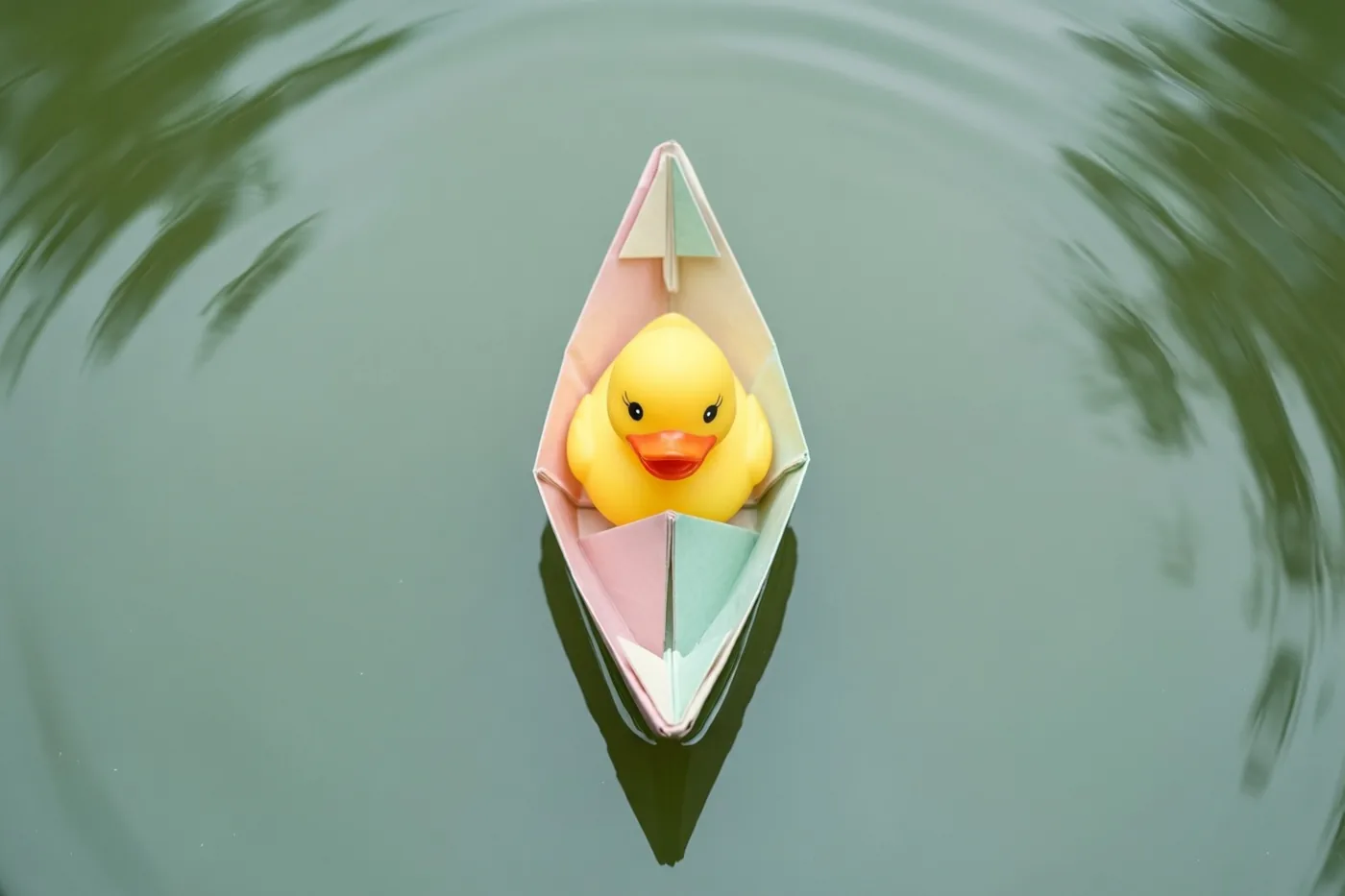 Een geel badeendje zit in een pastelkleurig papieren bootje dat op rustig groen water drijft.