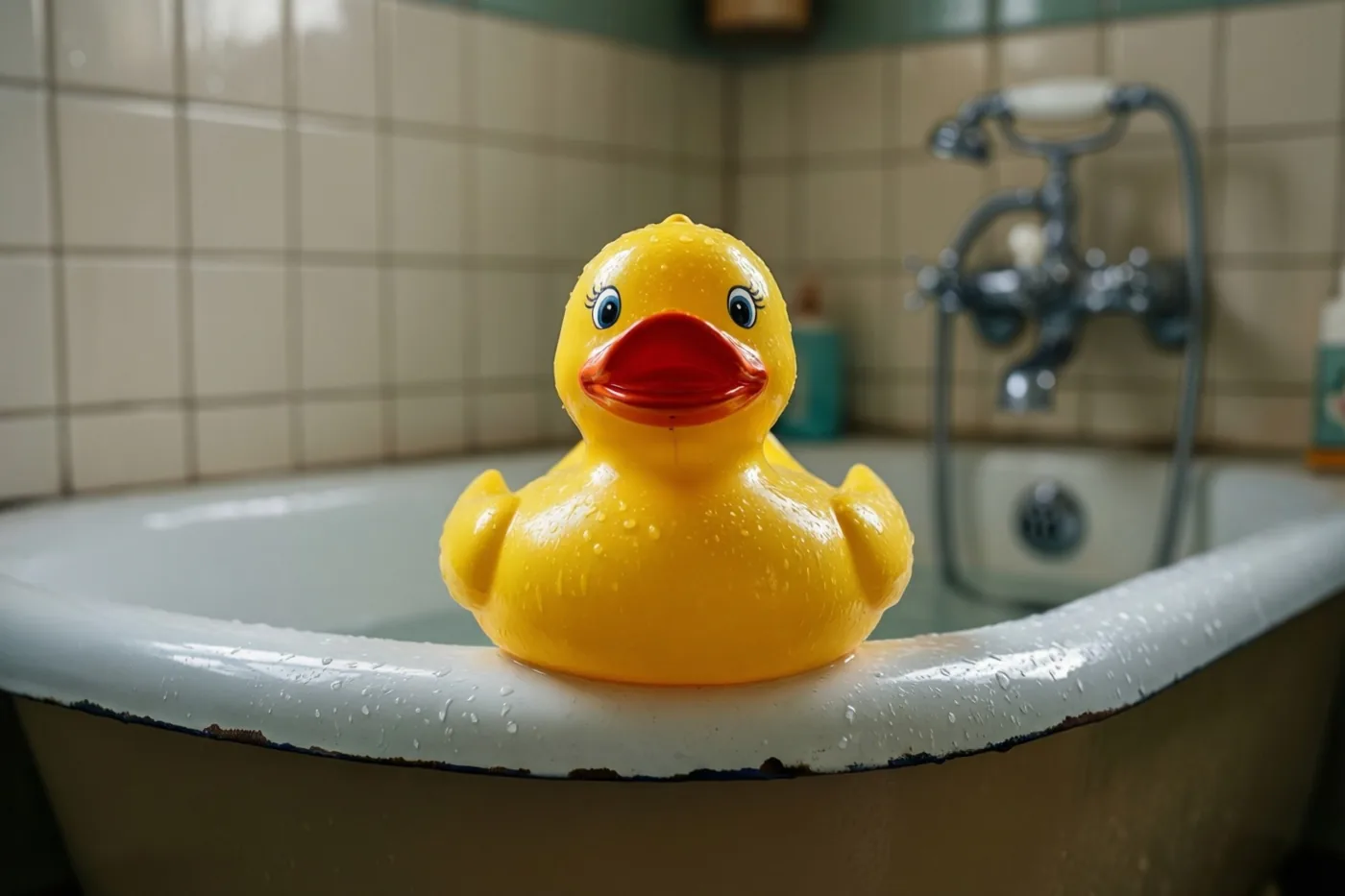 Een felgeel badeendje zit op de rand van een emaille babybadje in een retrobadkamer met beige wandtegels en een verchroomde kraan.