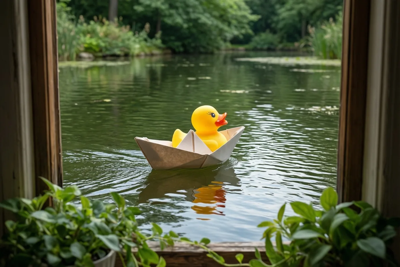 Door een raam met groene planten op de voorgrond is een geel badeendje in een papieren bootje op een rustige vijver te zien.