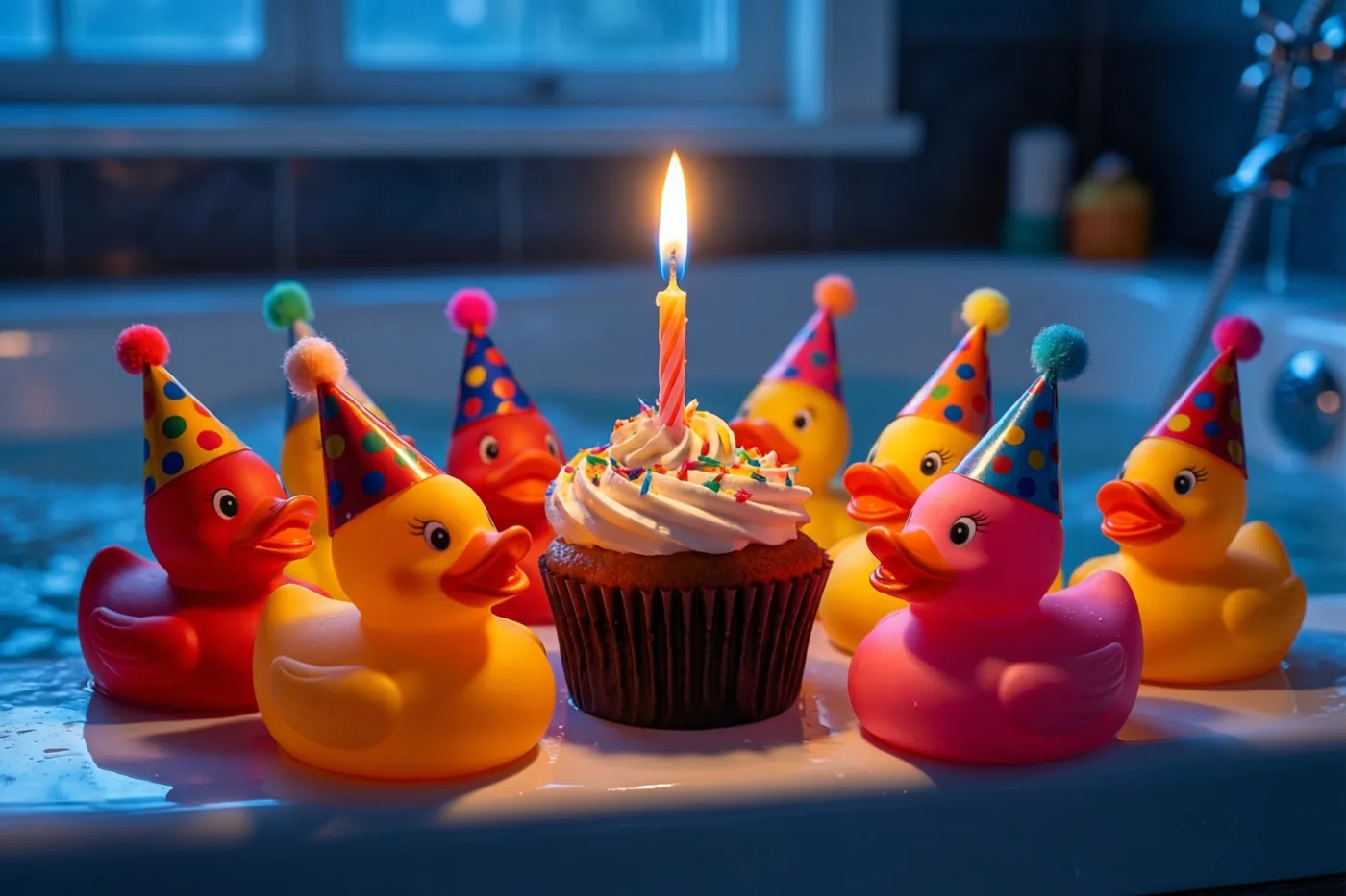 Badeendjes met kleurrijke feesthoedjes staan rond een cupcake met een brandend kaarsje op een badrand in blauw licht.