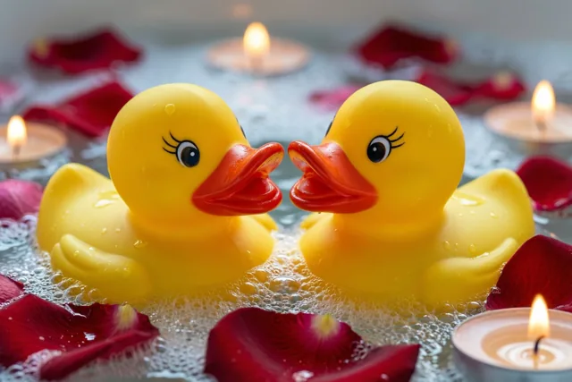 Twee gele badeendjes zitten met hun snavels tegen elkaar in een schuimbad met rode rozenblaadjes en drijvende kaarsen in warm kaarslicht.