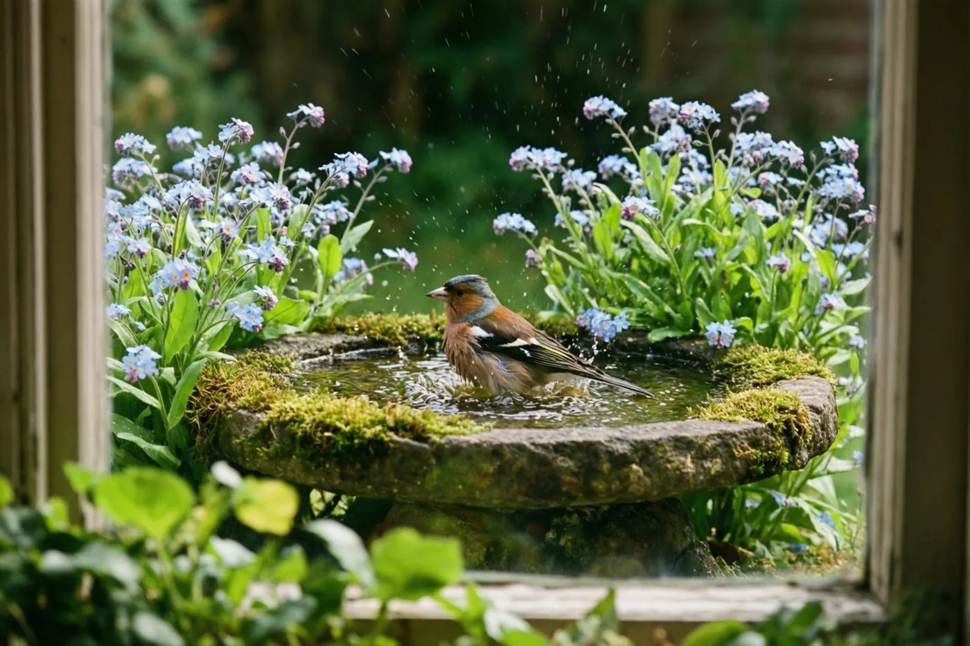 Door een raamkozijn is een vink te zien die spettert in een bemost stenen vogelbad tussen blauwe vergeet-mij-nietjes en groene bladeren.
