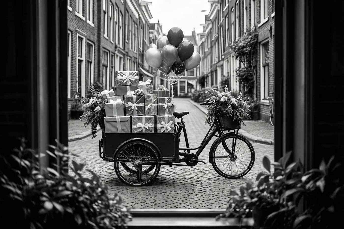 Een zwart-witfoto toont door een raam een bakfiets met ingepakte cadeaus en ballonnen op een kasseistraat, met klassieke gevels op de achtergrond.