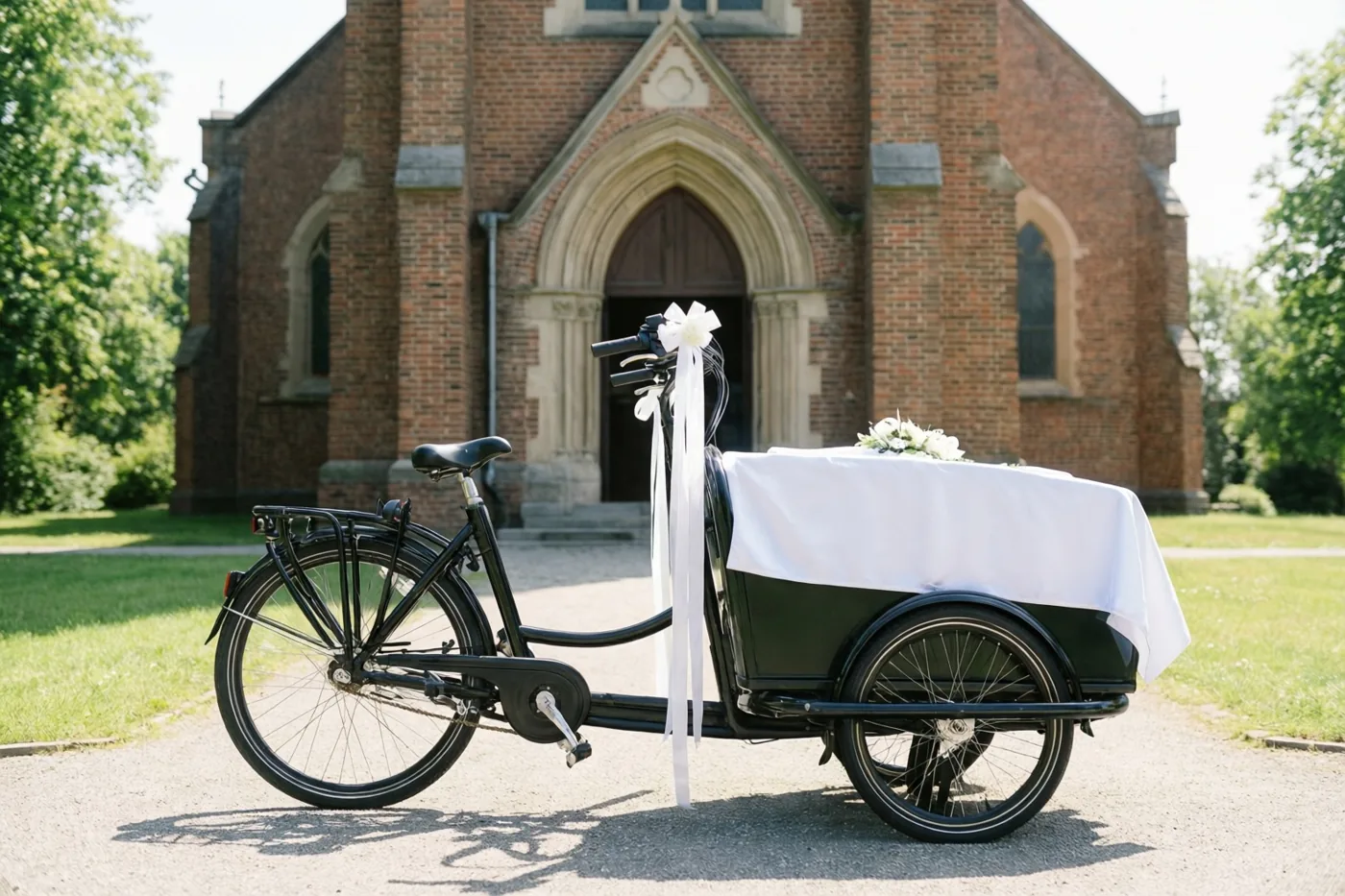 Een zwarte bakfiets met witte linten en een wit dekentje op de aanhanger staat voor een rode bakstenen kerk, omringd door groen gras en bomen op een zonnige dag.