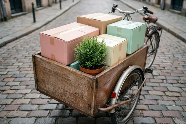 Een houten bakfiets met kartonnen verhuisdozen en een groene plant in een pot staat op een kasseistraat in zacht natuurlijk licht.