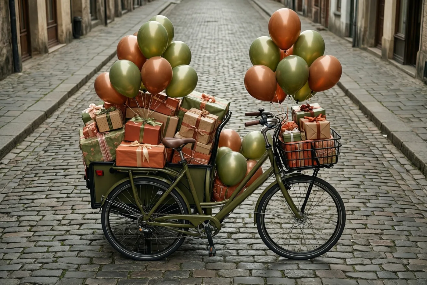 Een groene bakfiets staat op een kasseistraat, vol ingepakte cadeaus en trossen koperkleurige en olijfgroene ballonnen.