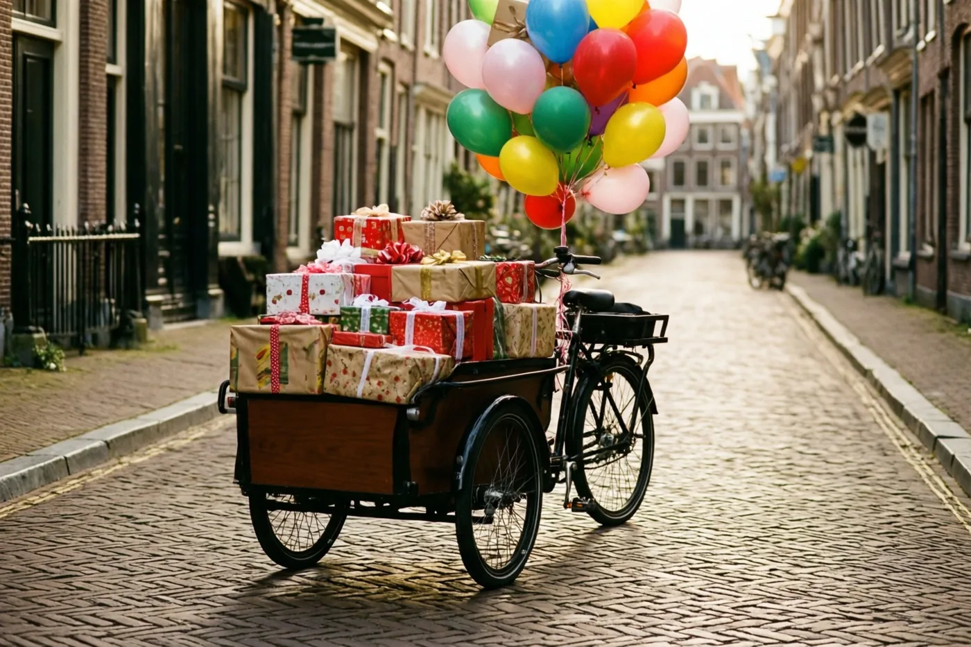 Een bakfiets vol ingepakte cadeaus en kleurrijke ballonnen staat in een smalle kasseistraat tussen traditionele bakstenen gebouwen in het zonlicht.