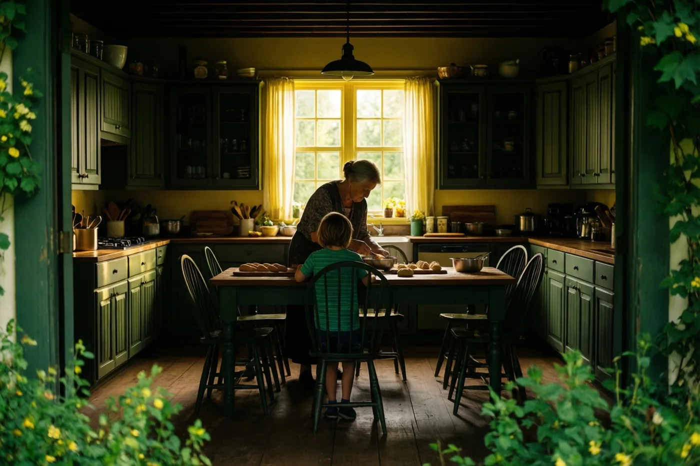 Een oma en een jong kind bakken aan een lange houten tafel in een landelijke keuken met groene kasten en gele muren.