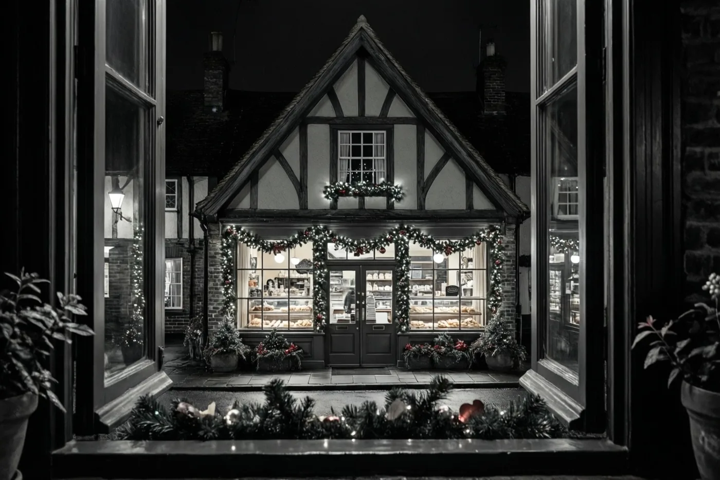 Door een open raam met potplanten en feestversiering op de voorgrond is 's nachts een dorpsbakkerij met trapgevel, kerstslingers en lichtjes te zien.
