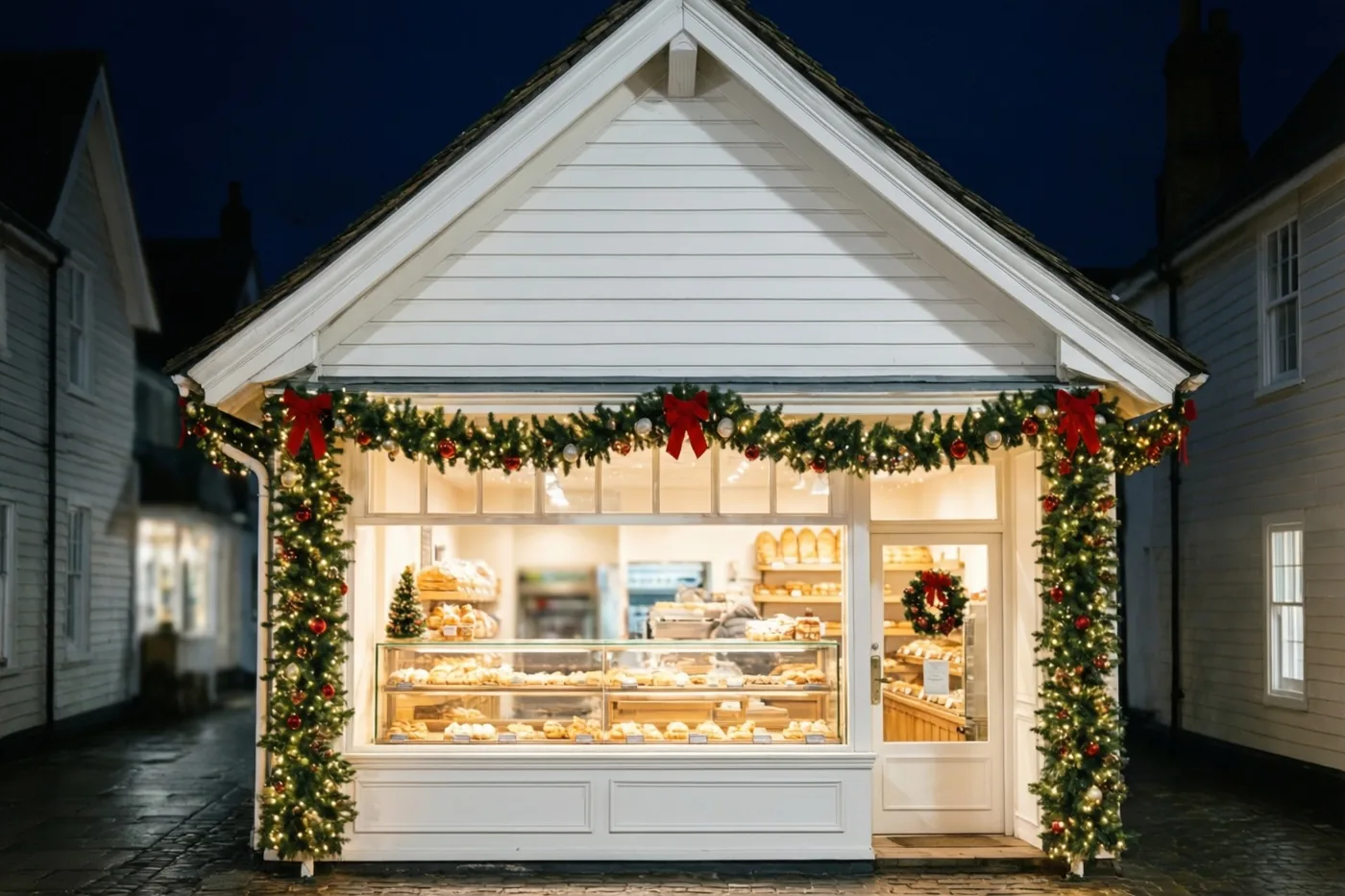 Een witte dorpsbakkerij met trapgevel staat 's nachts aan een kasseistraat, met gebak in de ramen en lichtgevende kerstslingers en rode strikken als versiering.