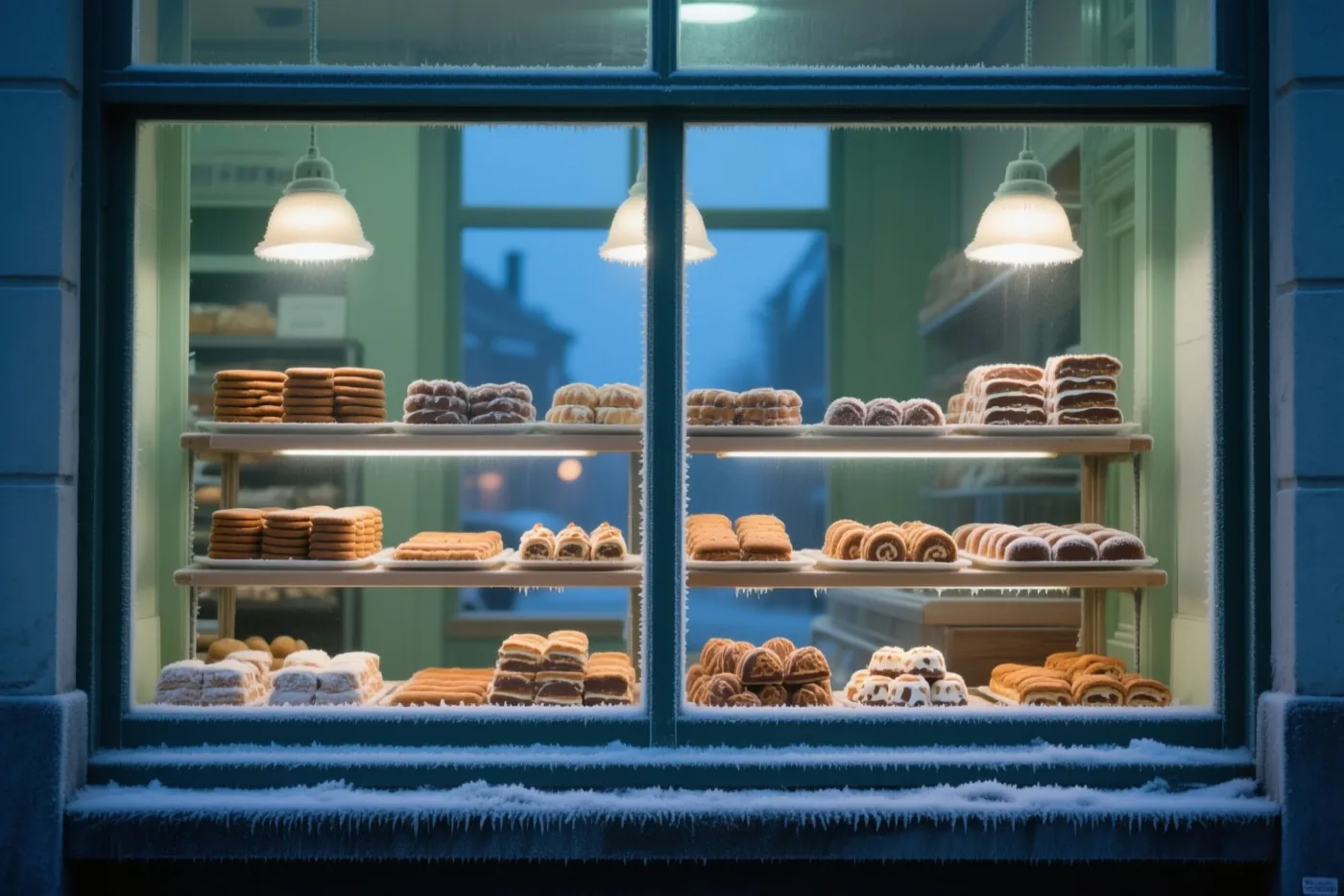 Een bakkersetalage met rekken speculaas en marsepeingebak wordt warm verlicht achter bevroren glas, met sneeuw op de vensterbank en blauw avondlicht buiten.