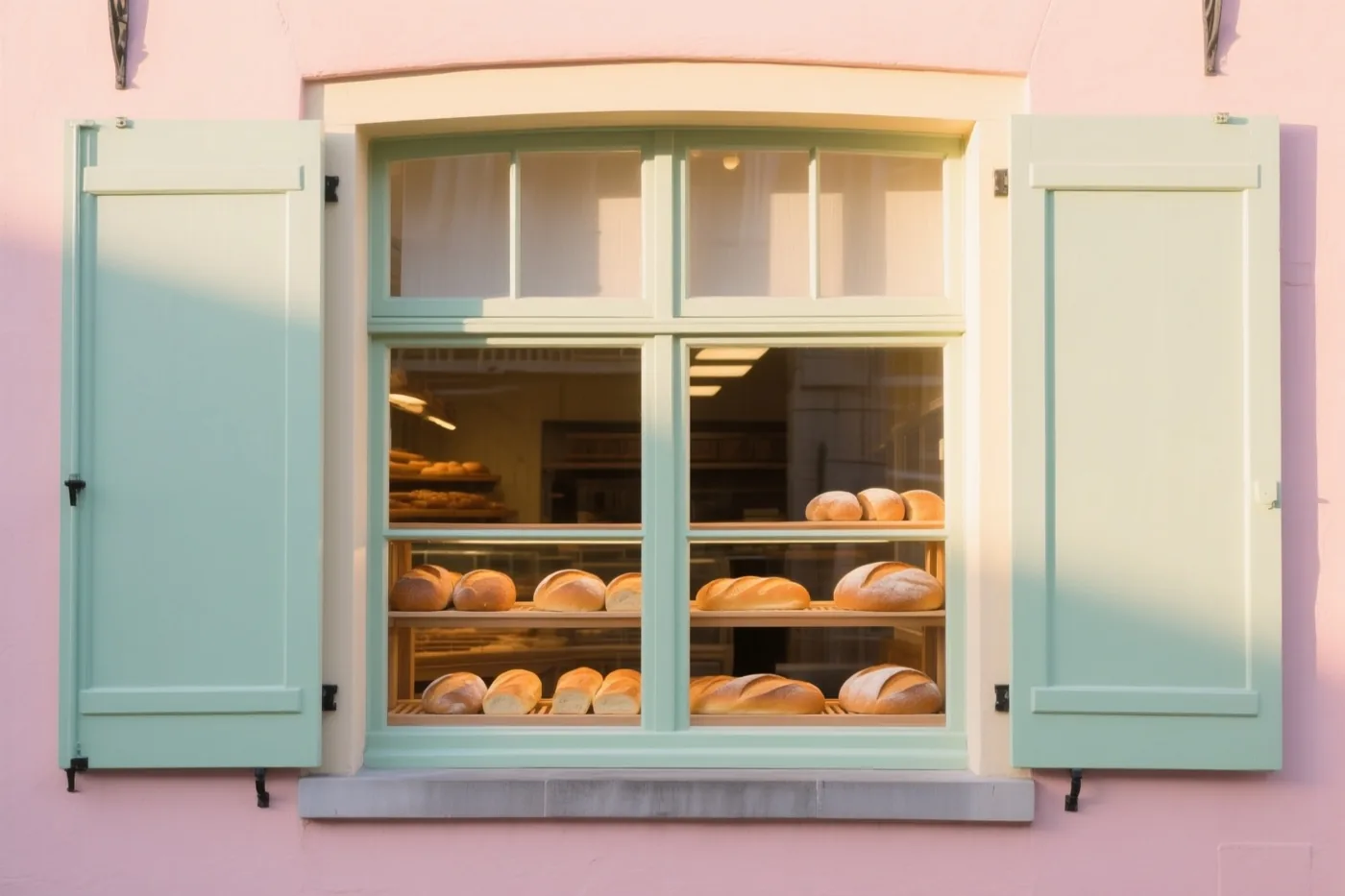 Een open bakkersraam met lichtgroene luiken in een roze gevel toont rekken vol vers brood in warm ochtendlicht.