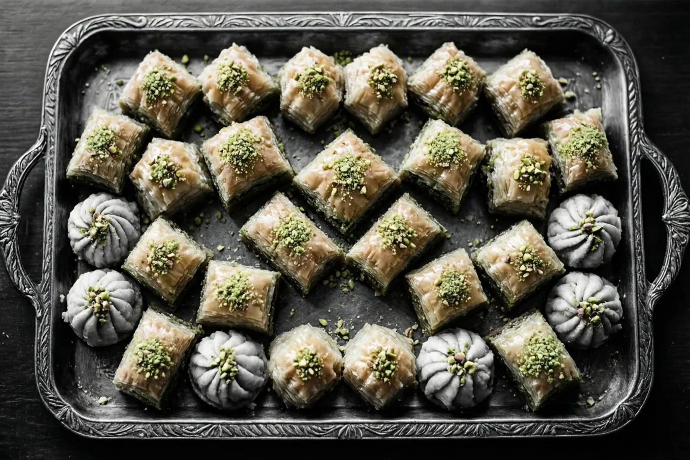 Vierkante baklava en ronde maamoulkoekjes met gehakte pistachenoten liggen op een zilveren dienblad op donker hout.