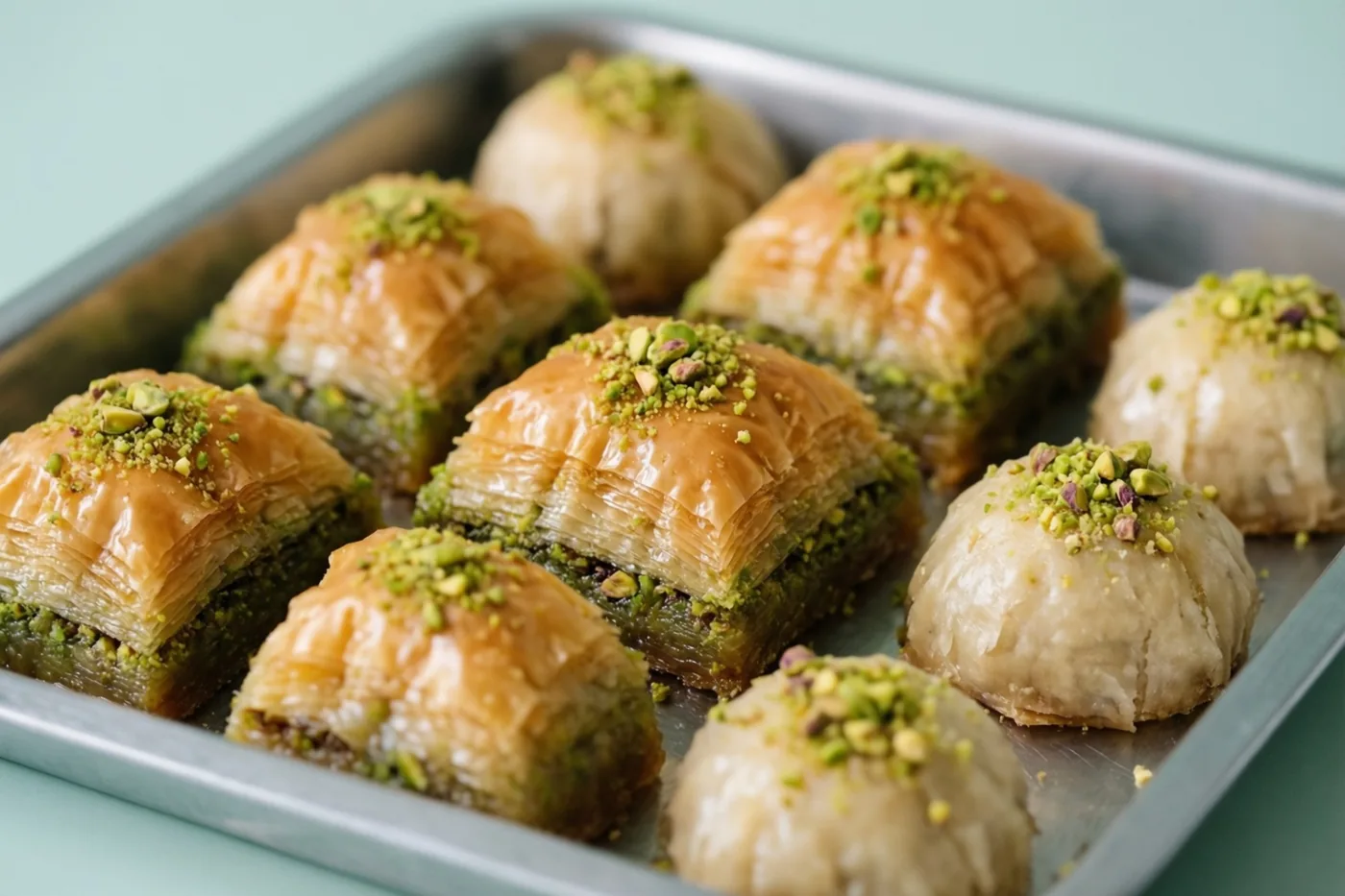 Stukken baklava en maamoulkoekjes met gehakte pistachenoten liggen op een metalen dienblad tegen een zachte mintgroene achtergrond.