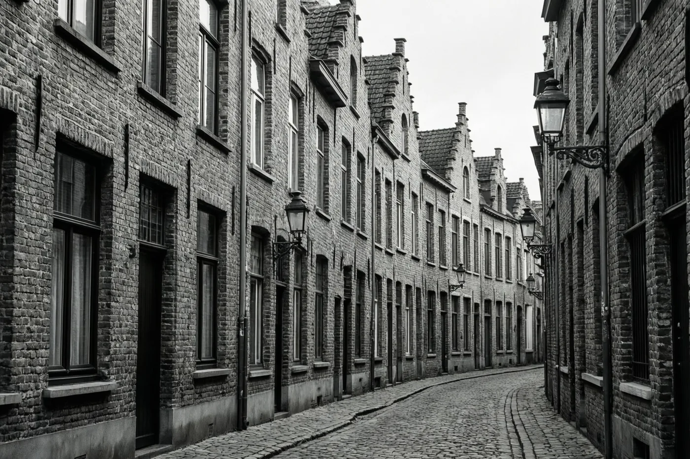 Een zwart-witfoto toont een smalle kasseistraat tussen rijen traditionele Belgische bakstenen huizen met puntdaken en ramen.
