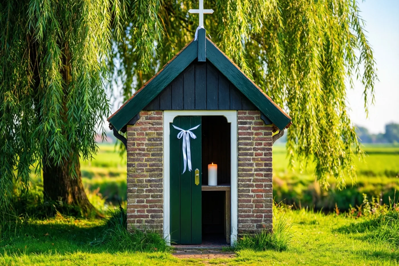 Een kleine bakstenen kapel met een groene deur en wit lint staat tussen treurwilgen in een grasrijk polderlandschap, met binnen een brandende witte kaars en warm zonlicht buiten.